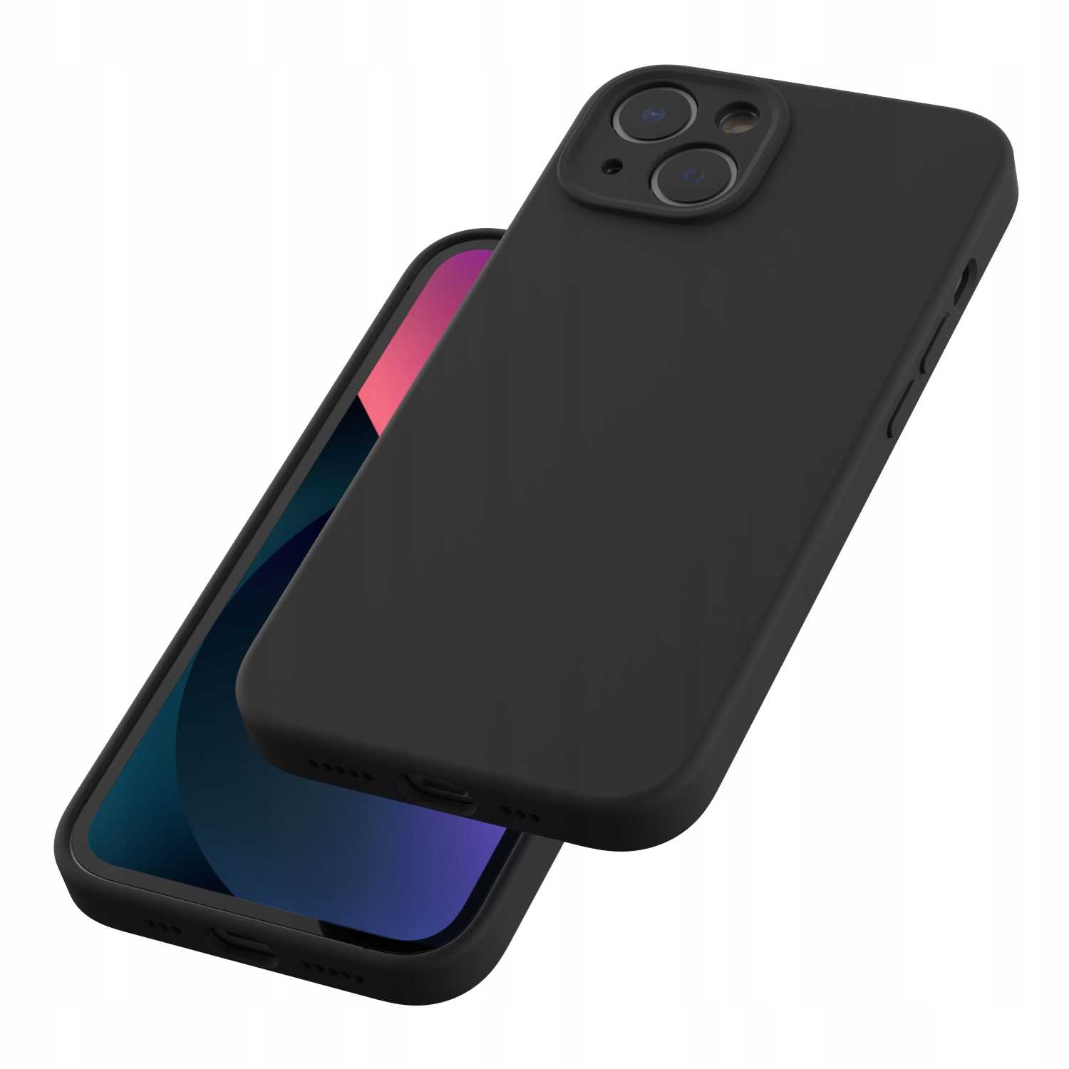 Czarny smartfon z etui zakrywającym tył i krawędzie. Ekran wyświetla fioletowe odcienie.