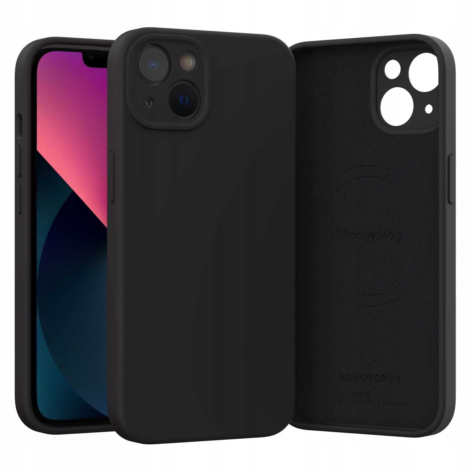 Czarne silikonowe etui na telefon z pierścieniem magnetycznym, obok iPhone'a z fioletowym ekranem.
