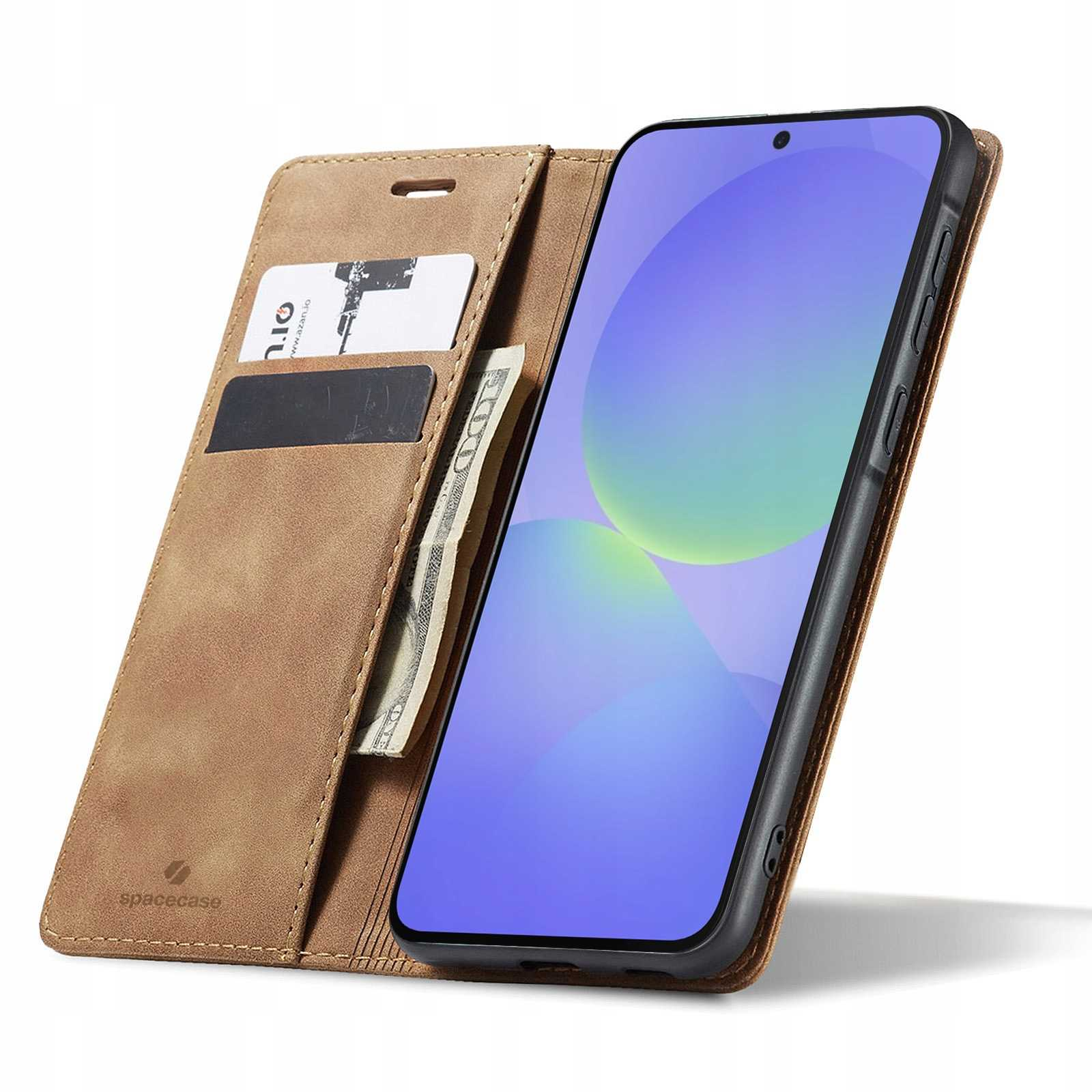 Brązowe etui portfel na telefon otwarte, z miejscami na karty.