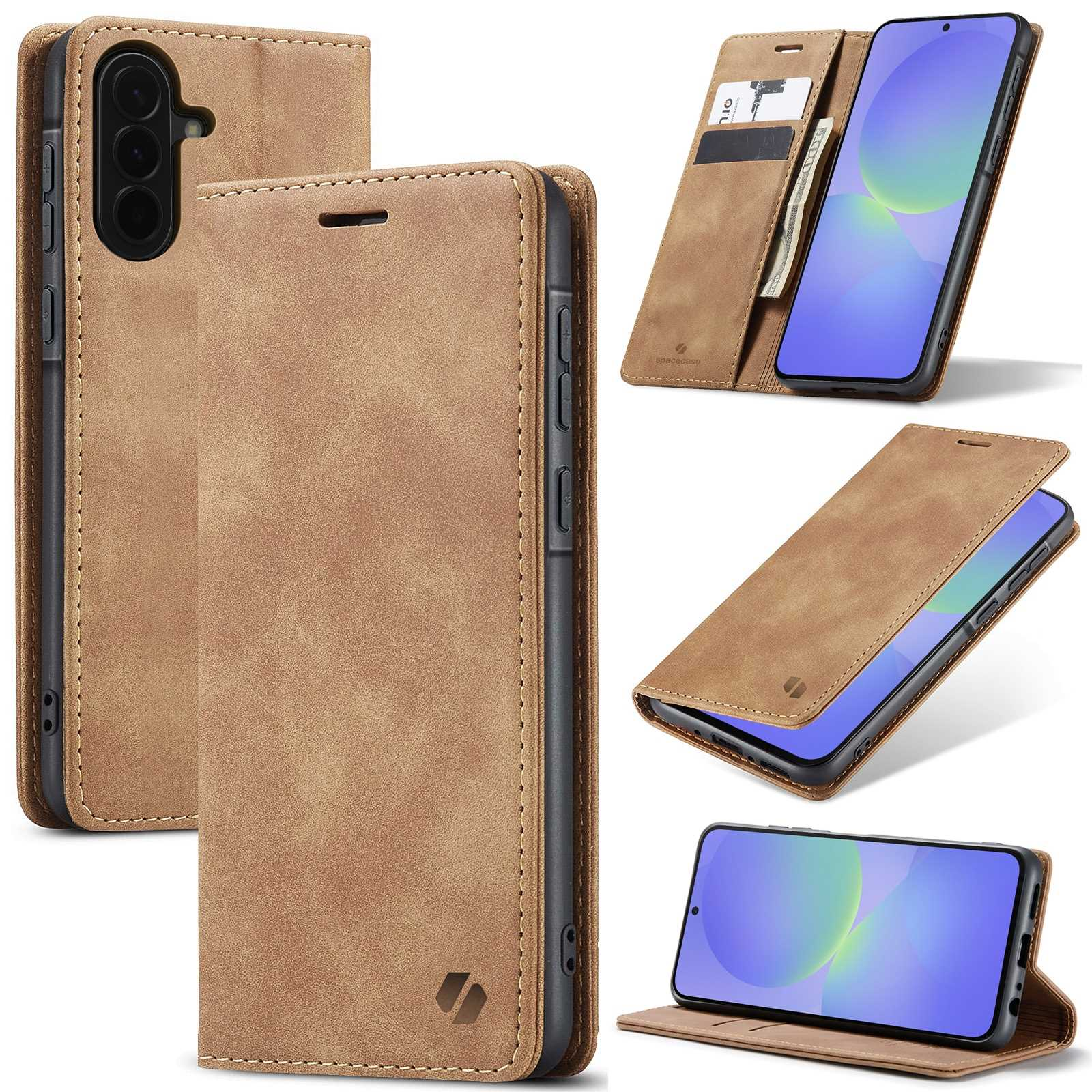 Brązowe skórzane etui na telefon z miejscem na karty i smartfonem.