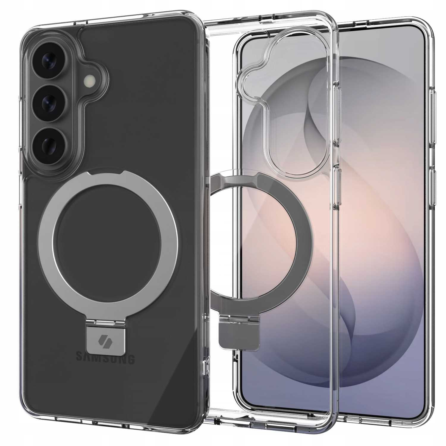 Przezroczyste etui na telefon z srebrnym uchwytem pierścieniowym i logo Samsung.