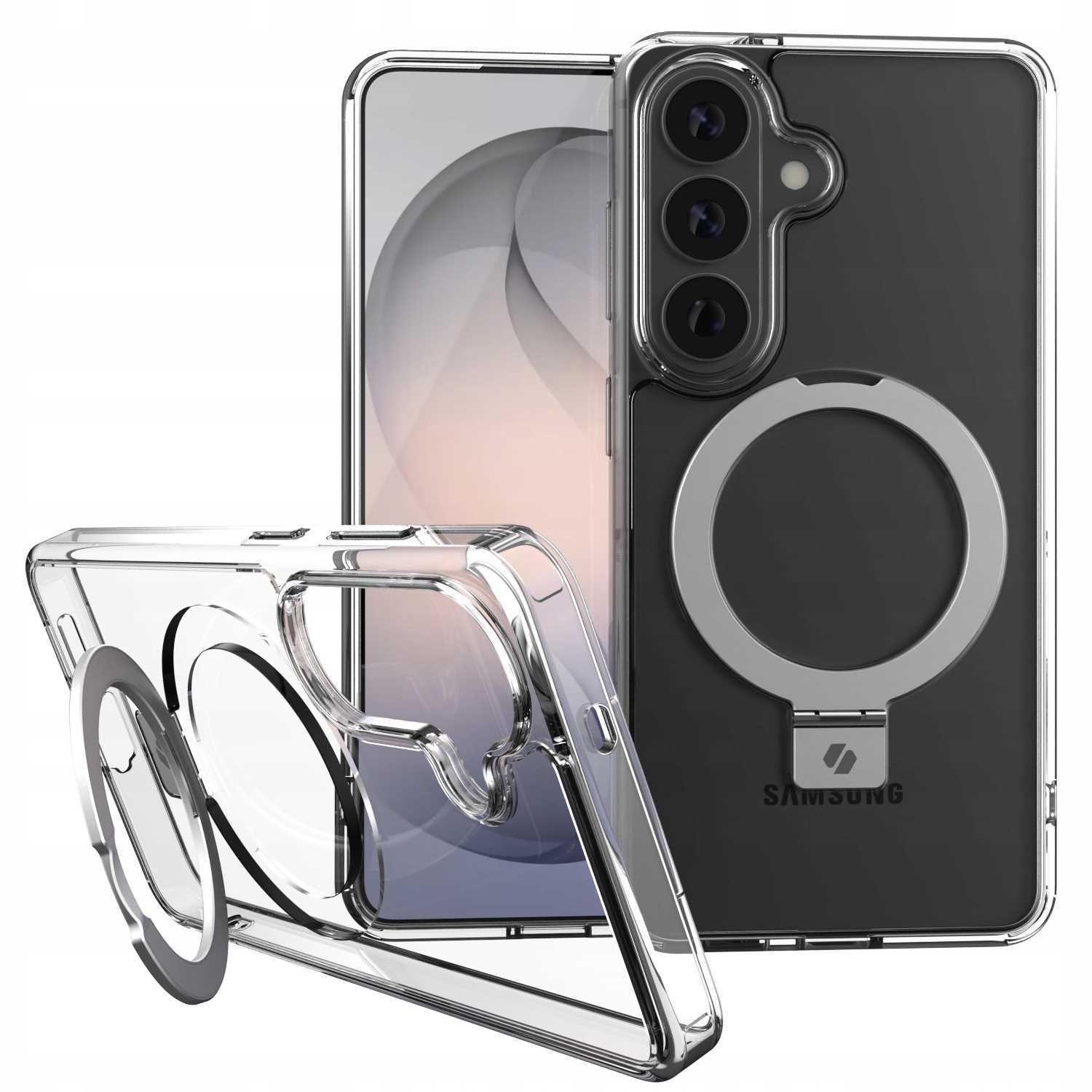Przezroczyste etui na telefon z srebrnym uchwytem pierścieniowym na czarnym telefonie.