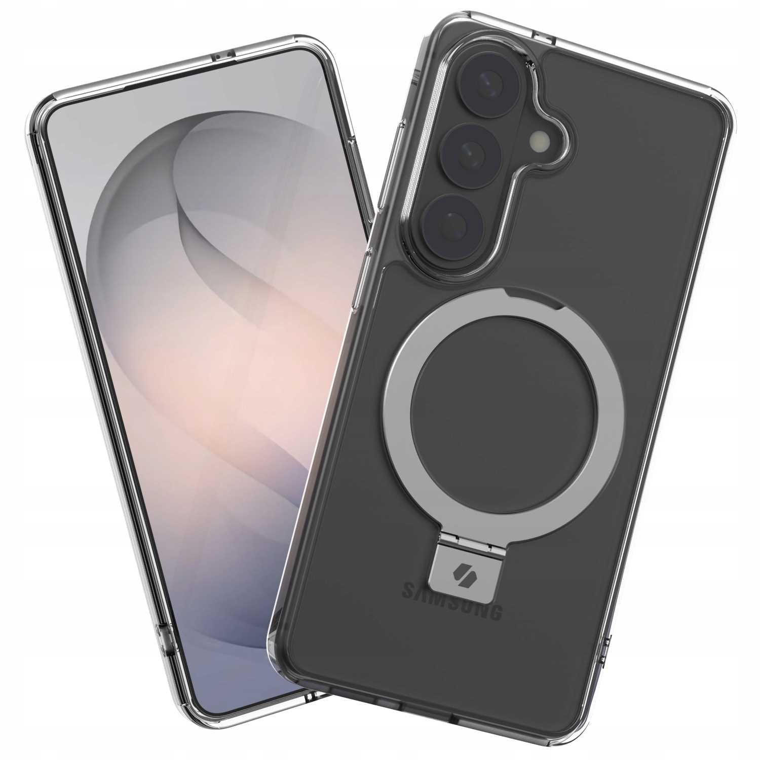 Przezroczyste etui do telefonu Samsung z uchwytem pierścieniowym i trzema aparatami.