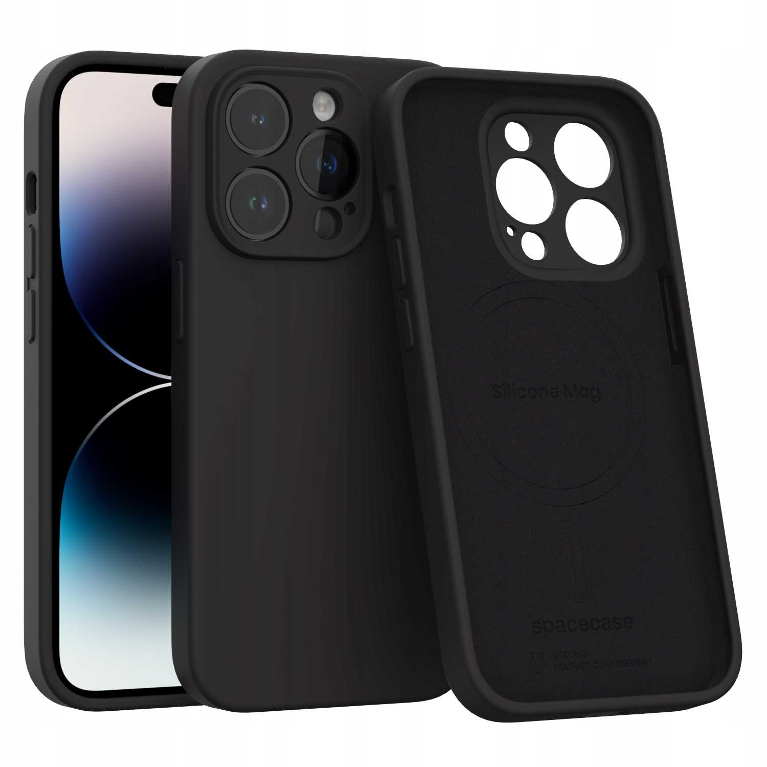 Czarne etui na telefon z wycięciem na trzy kamery i pierścieniem magnetycznym.