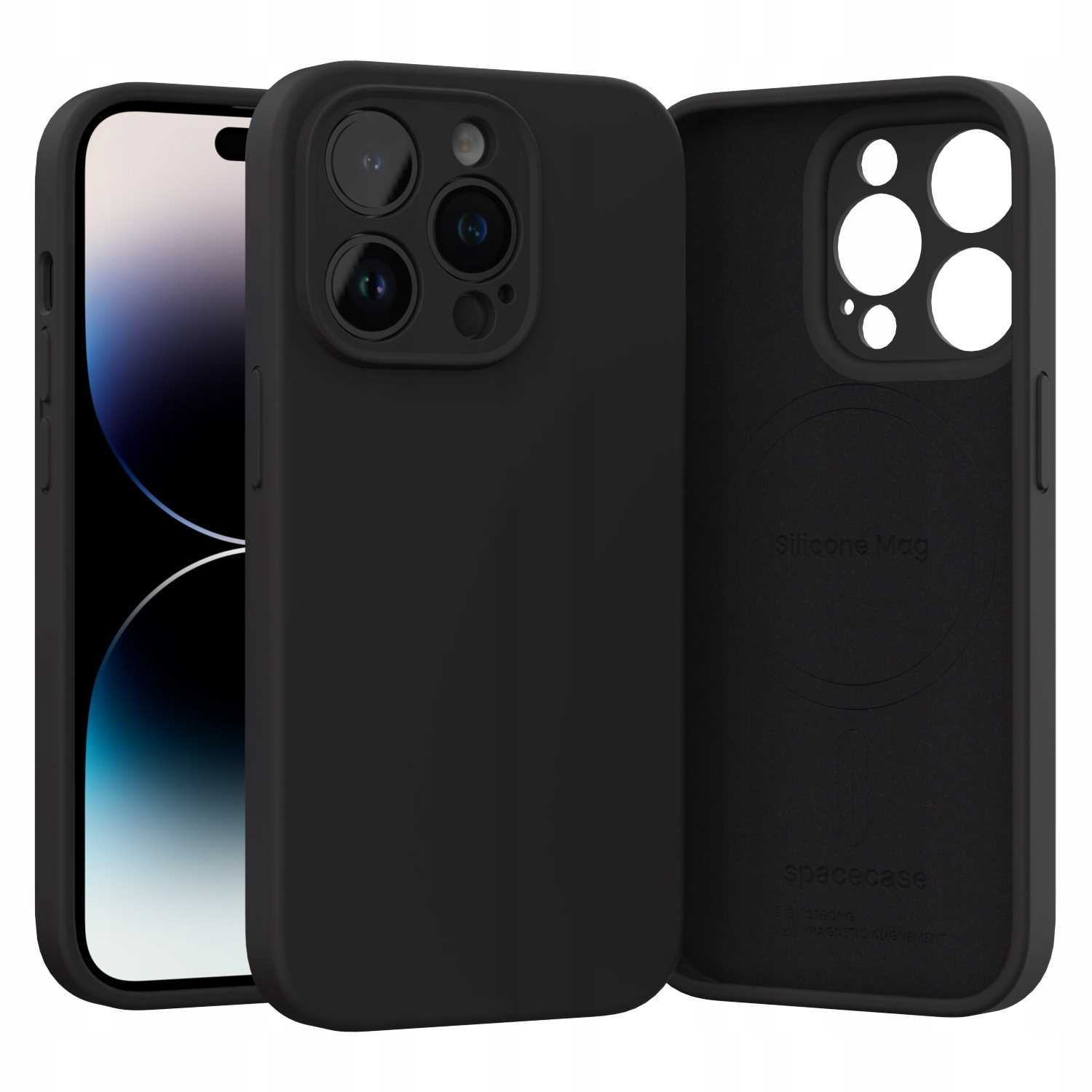 Czarny iPhone z czarnym silikonowym etui zakrywającym aparat.