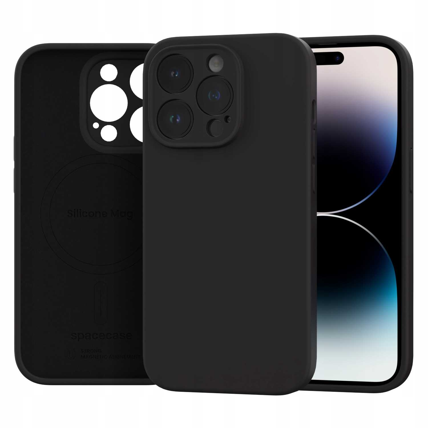 Czarne etui na telefon z wycięciem na aparat przed smartfonem.
