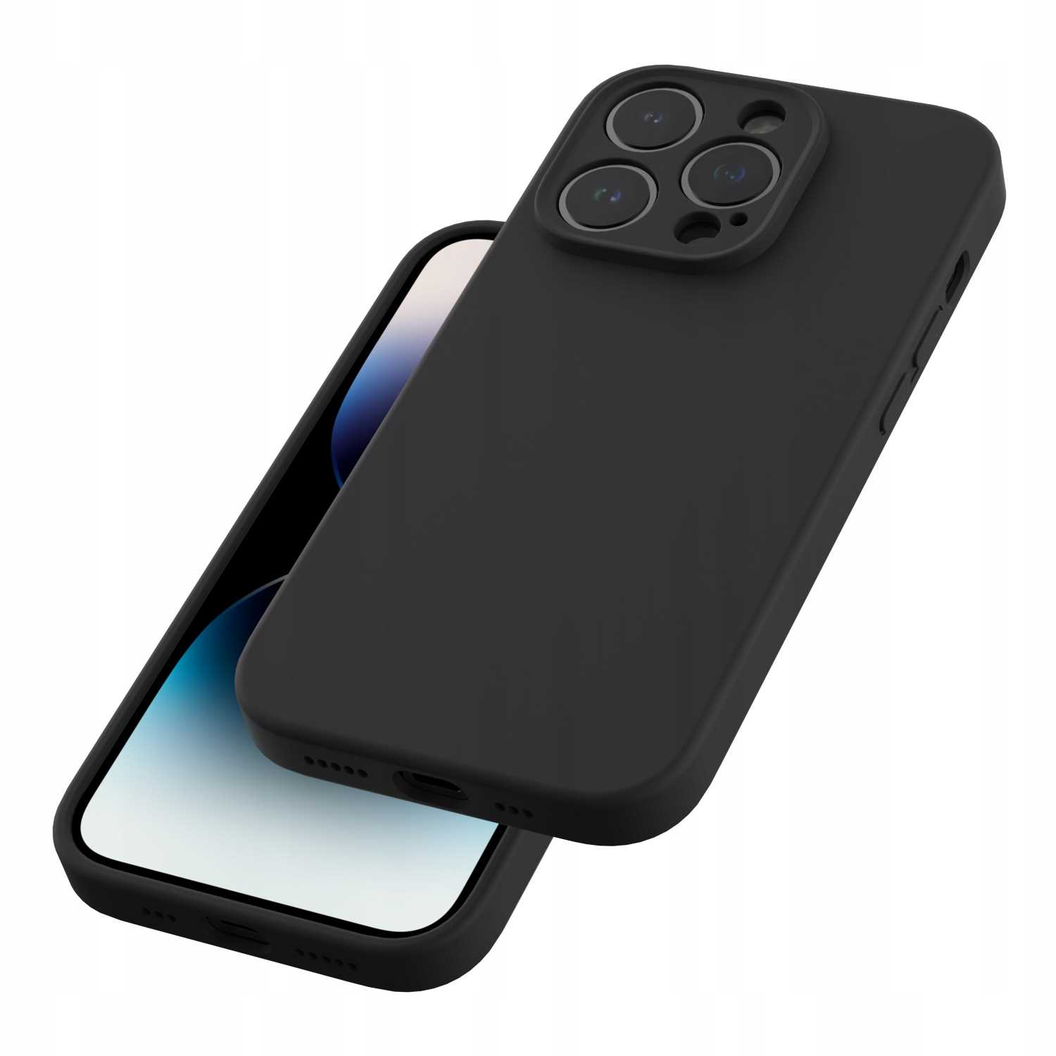 Czarny iPhone z etui, potrójny aparat z tyłu.