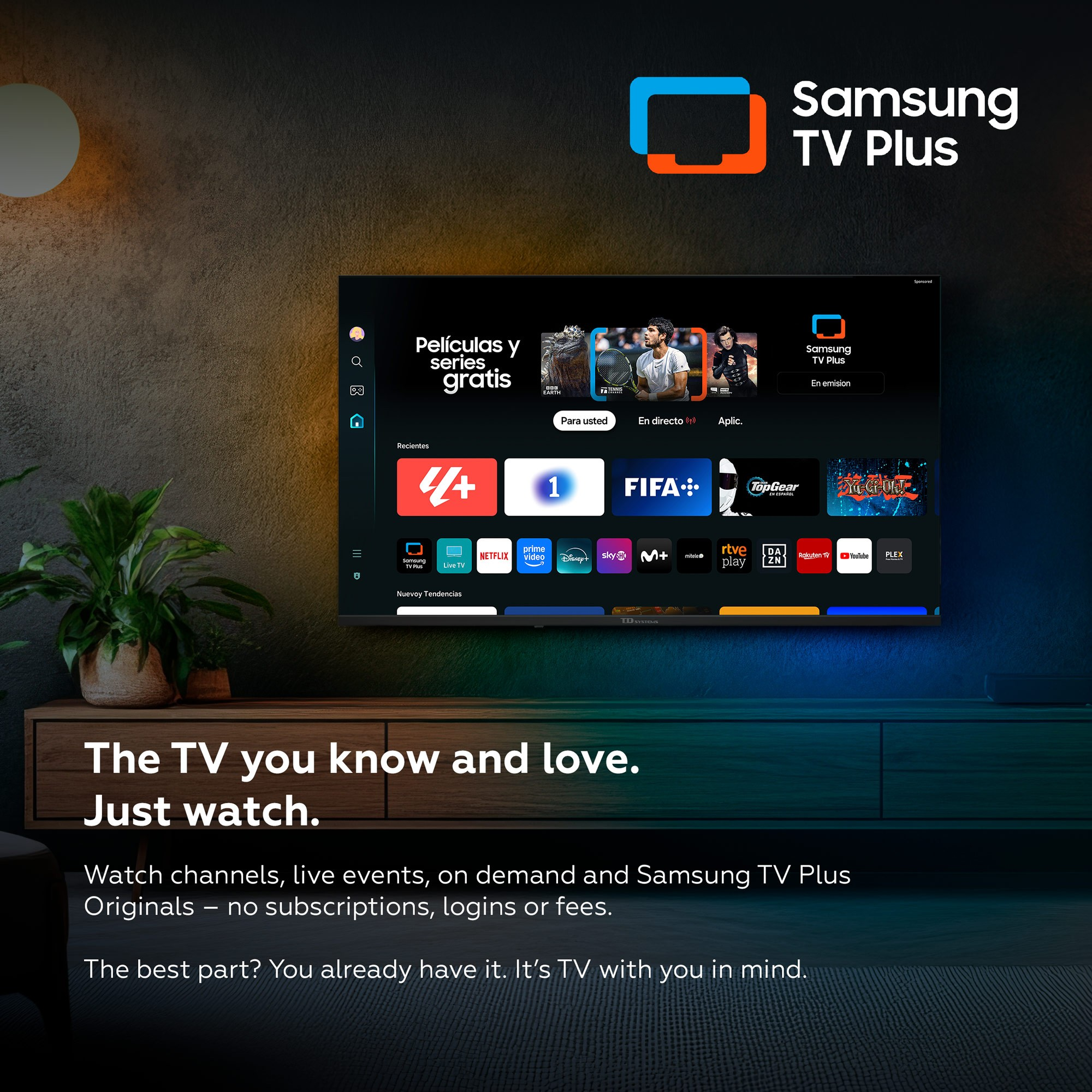Pantalla de inicio de Samsung TV Plus con iconos de apps y "Películas y series gratis".