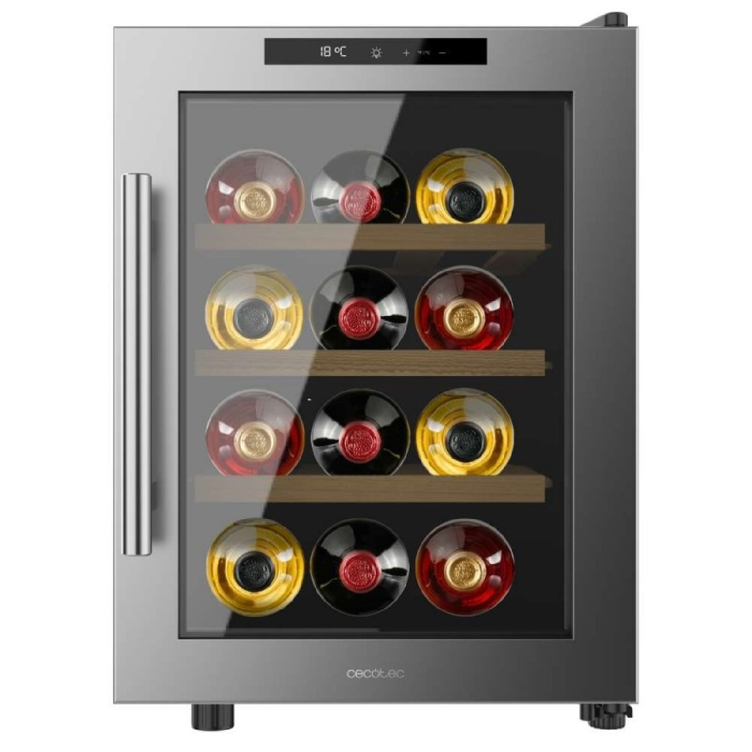 Un frigorifero per vino argentato con porta in vetro, contenente bottiglie di vino rosso e bianco.