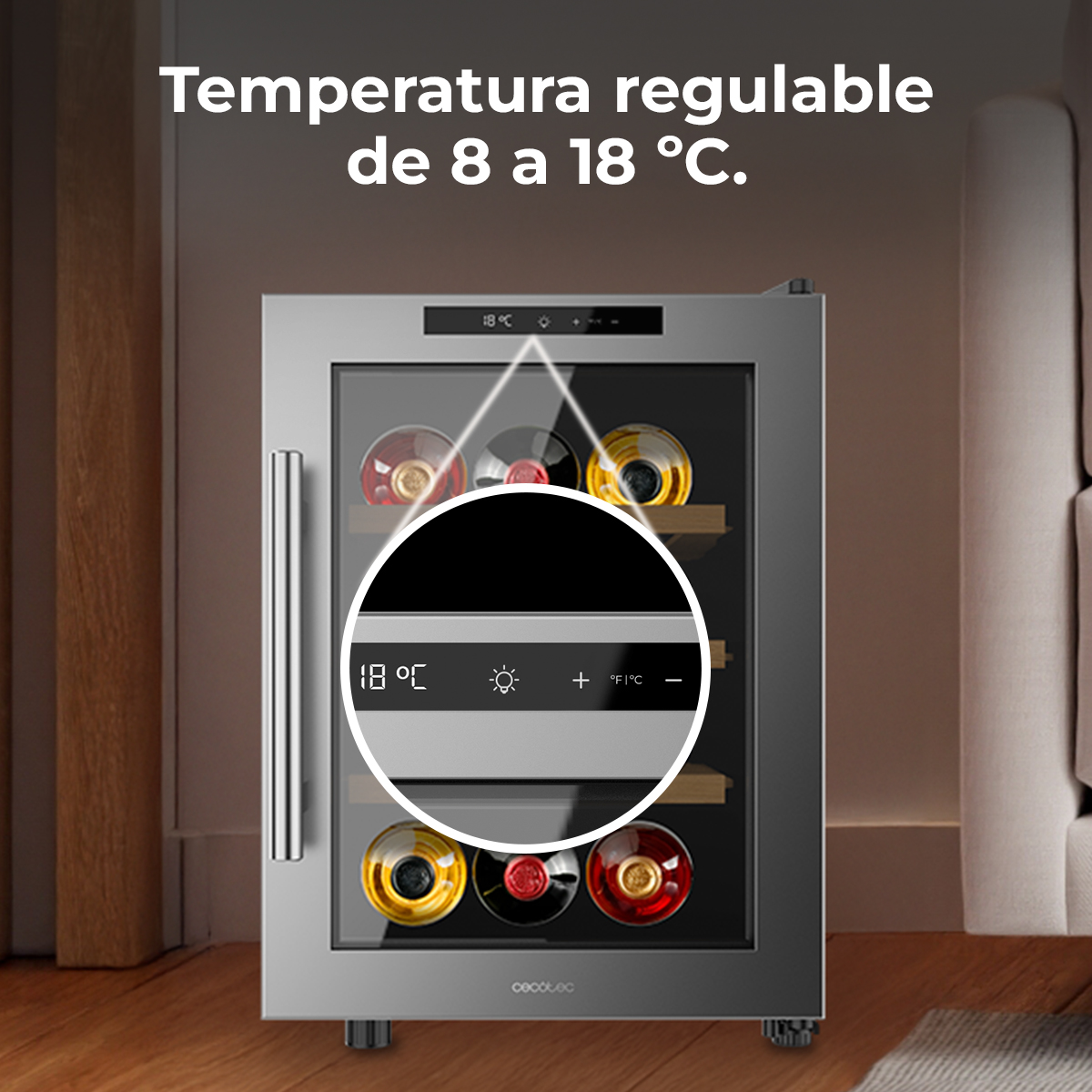 Un frigorifero per vini con display digitale della temperatura a 18°C.