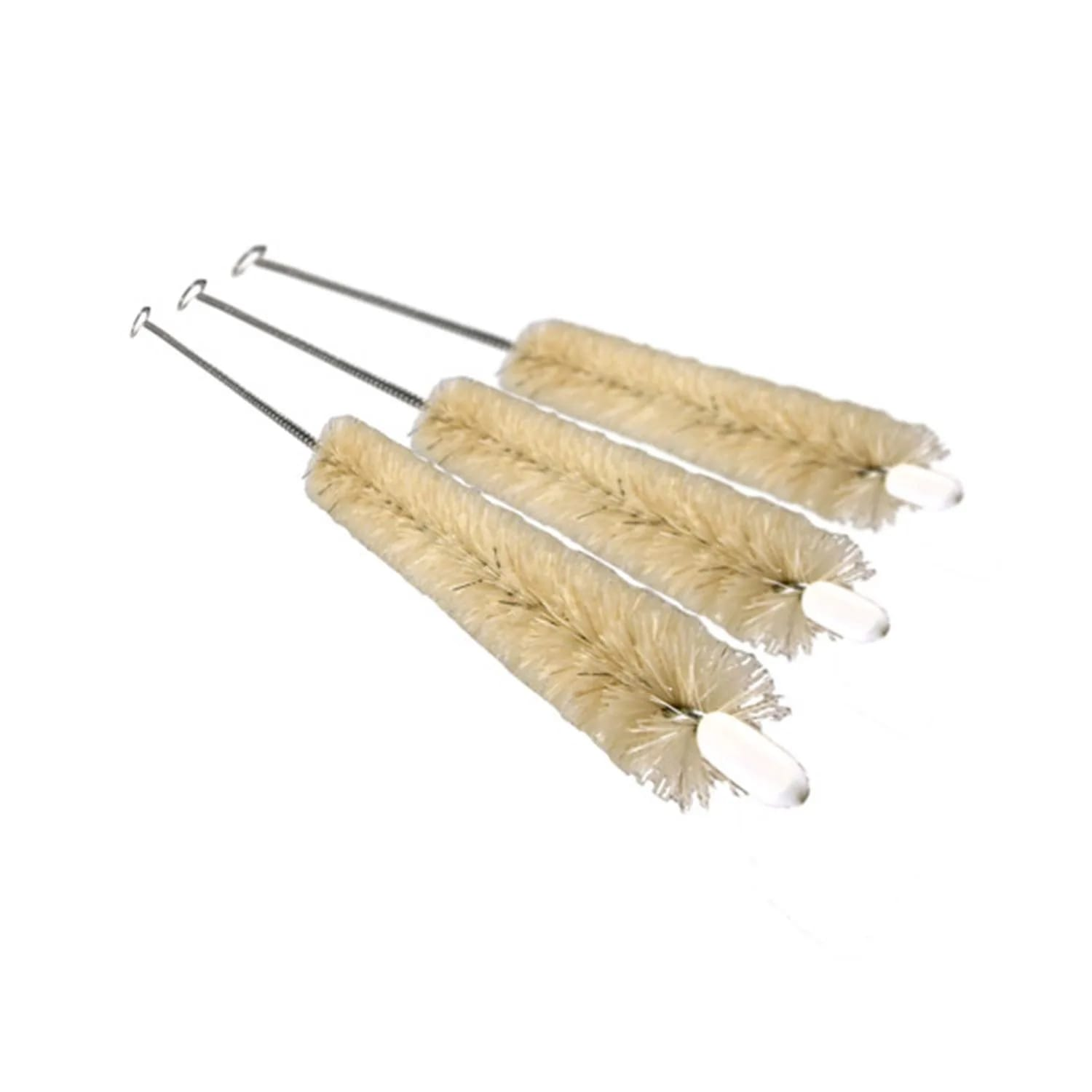 Three narrow brushes with metal handles and white tips, isolated on a white background.
