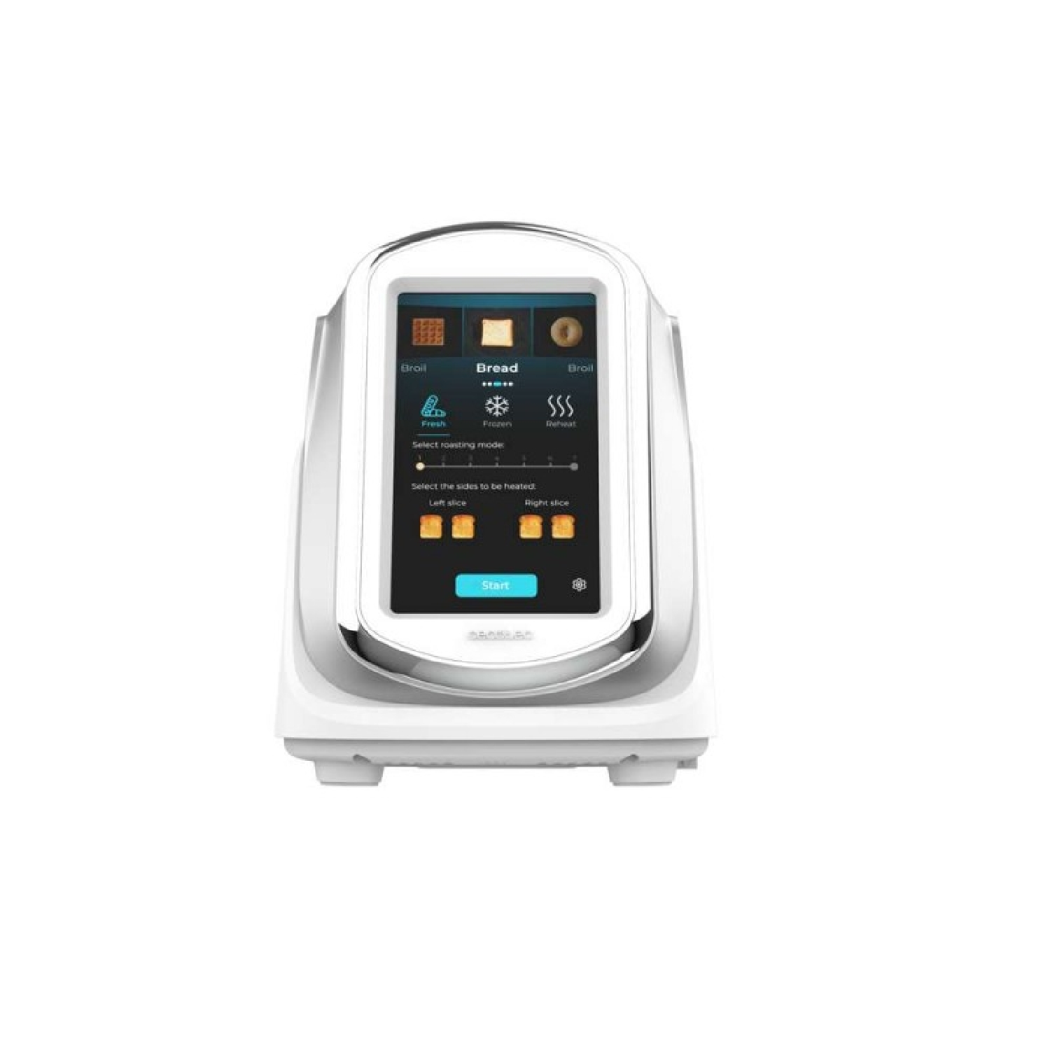 Un tostapane bianco moderno con touchscreen che mostra tipi di pane, modalità e lati.