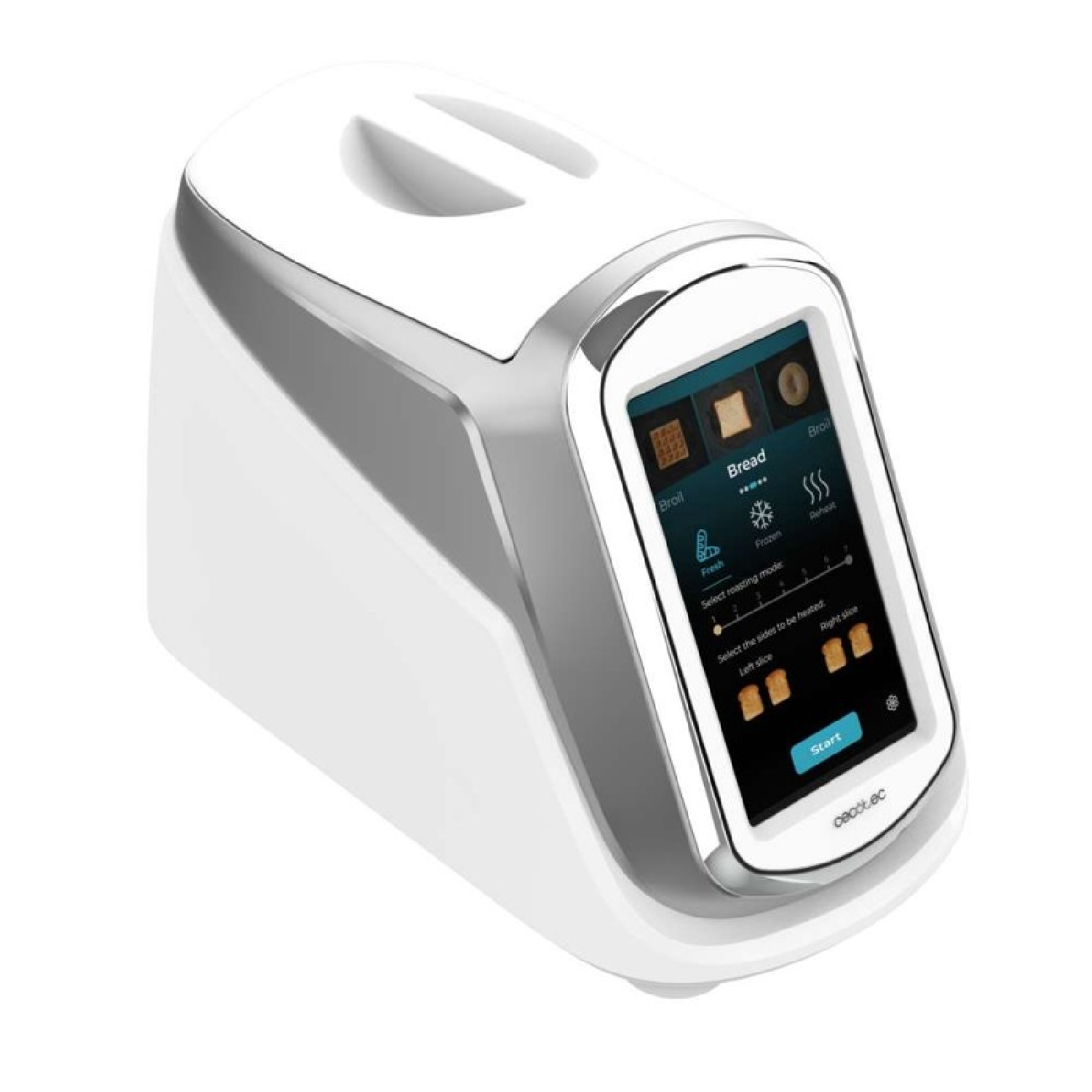 Un tostapane bianco moderno con display touchscreen e fette di pane tostato.