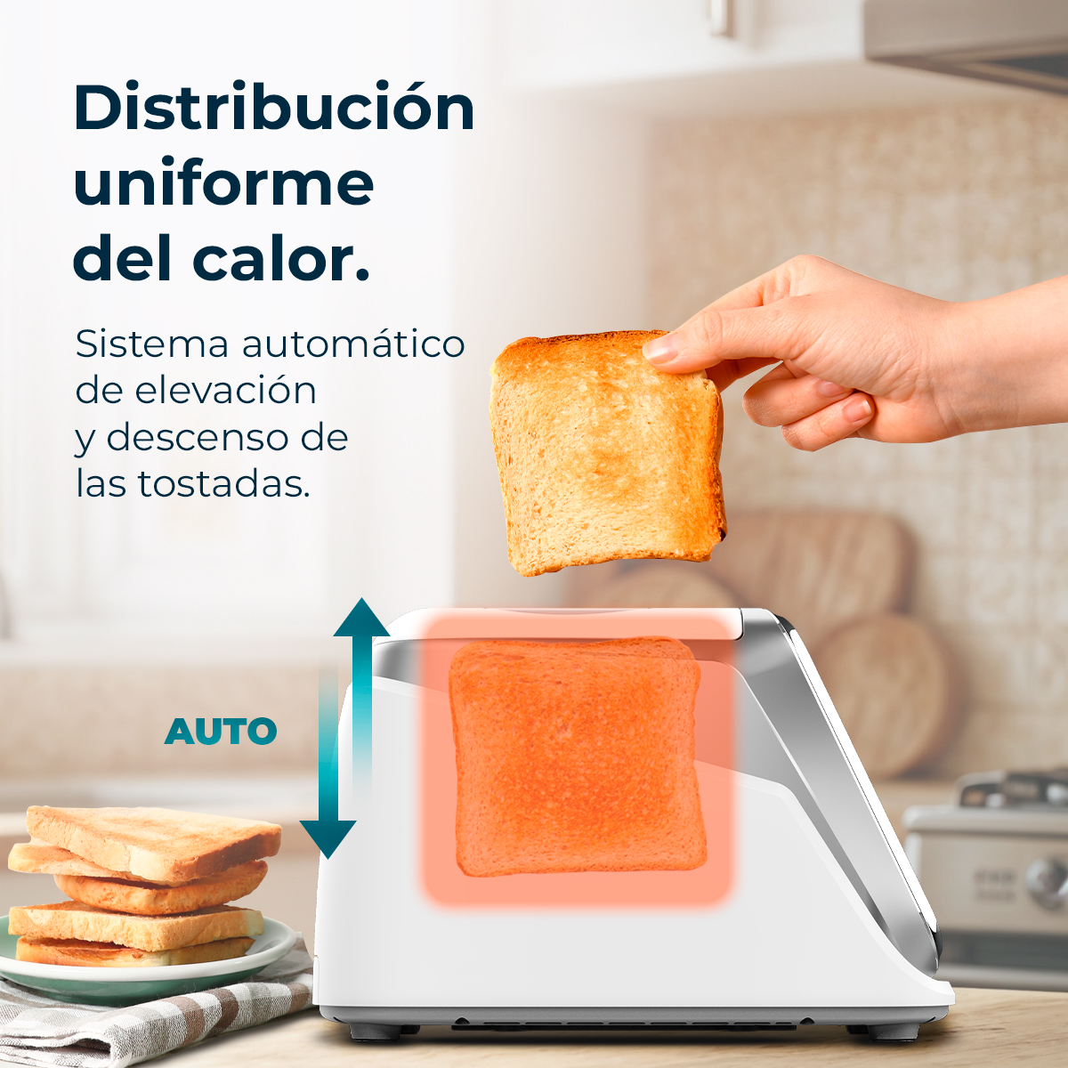 Un tostapane con funzione automatica del pane. Una mano inserisce pane tostato.
