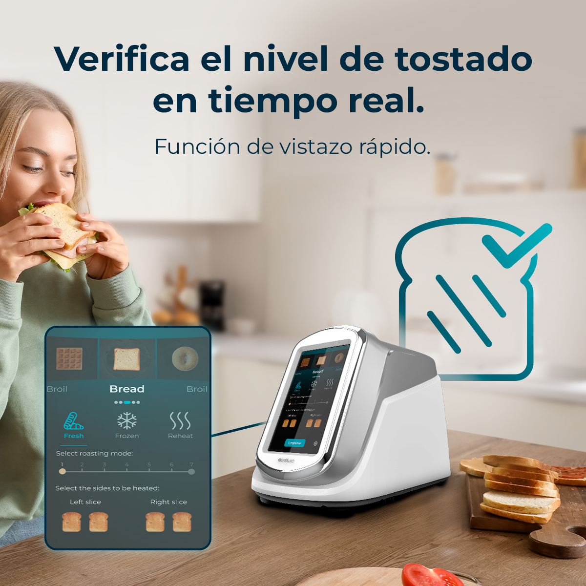 Una donna mangia un panino accanto a un tostapane con controlli touch.