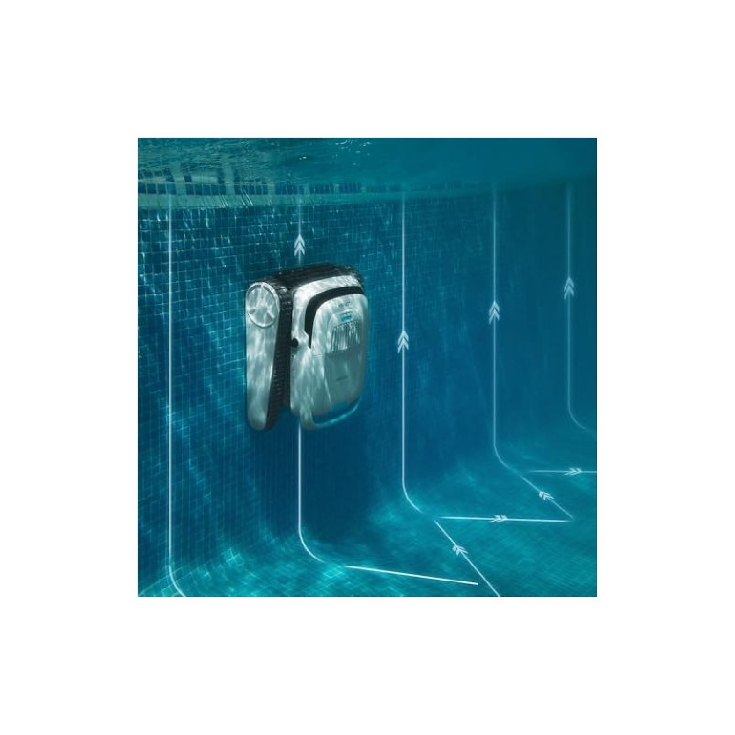 Ein Poolroboter reinigt den Poolboden, umgeben von Wasser und Fließpfeilen.