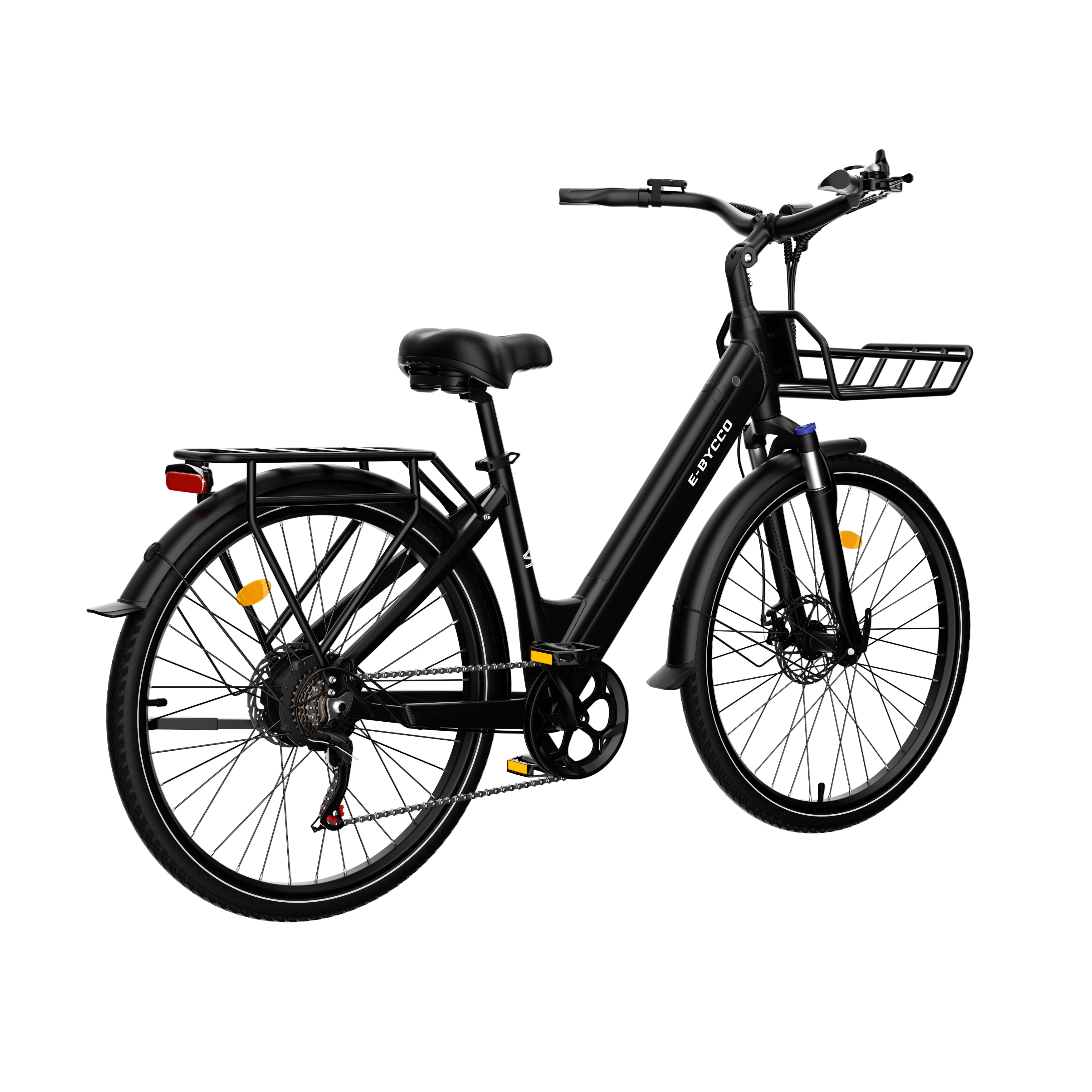 Czarny rower z koszykiem z przodu, bagażnikiem z tyłu, odblaskami i osłoną łańcucha.