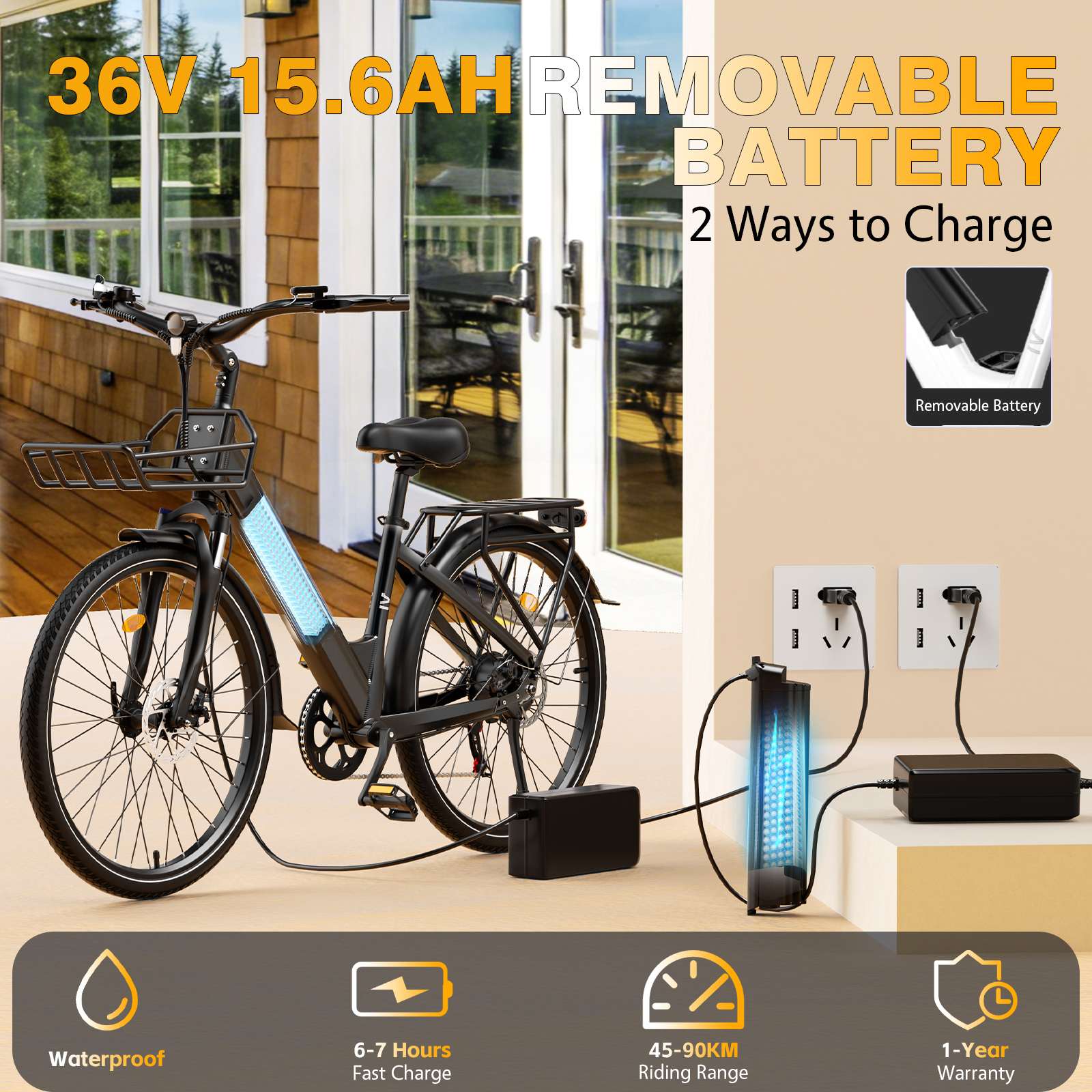 Czarny rower elektryczny z wyjmowaną baterią w trakcie ładowania.