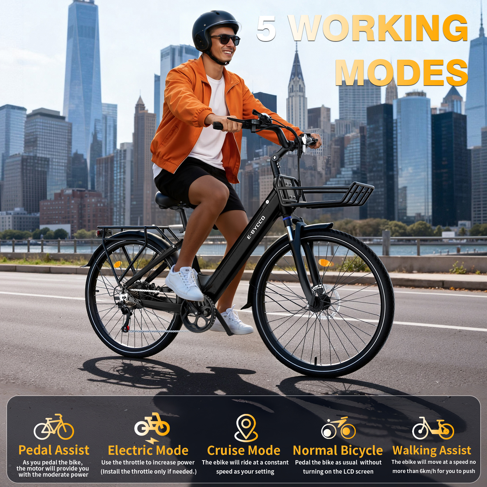 Mężczyzna jedzie czarnym rowerem elektrycznym na tle drapaczy chmur w mieście.