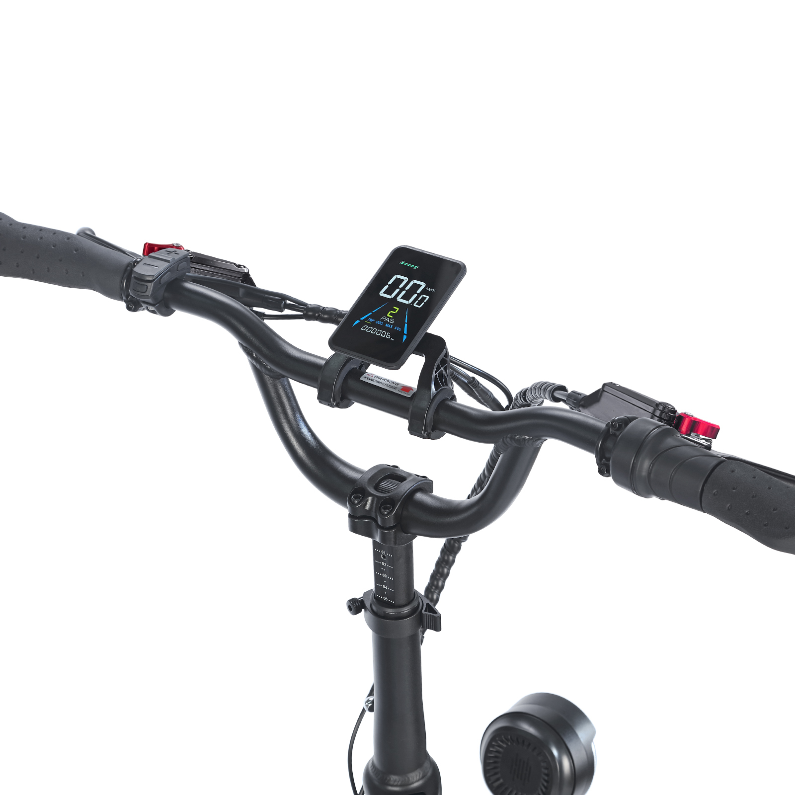 Kierownica czarnej hulajnogi elektrycznej z wyświetlaczem, chwytami i hamulcami.