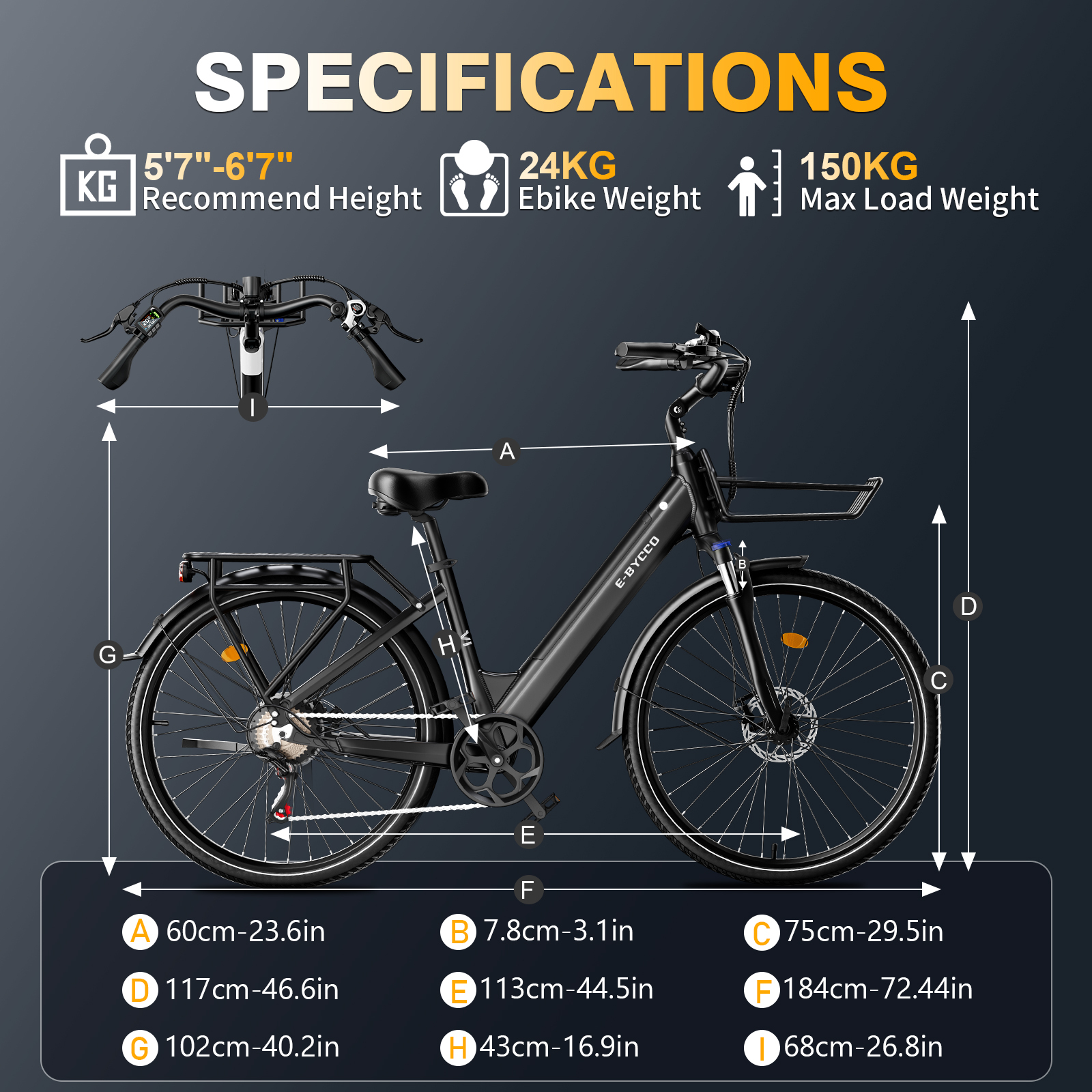 Specyfikacje czarnego roweru elektrycznego z wymiarami i wagą.