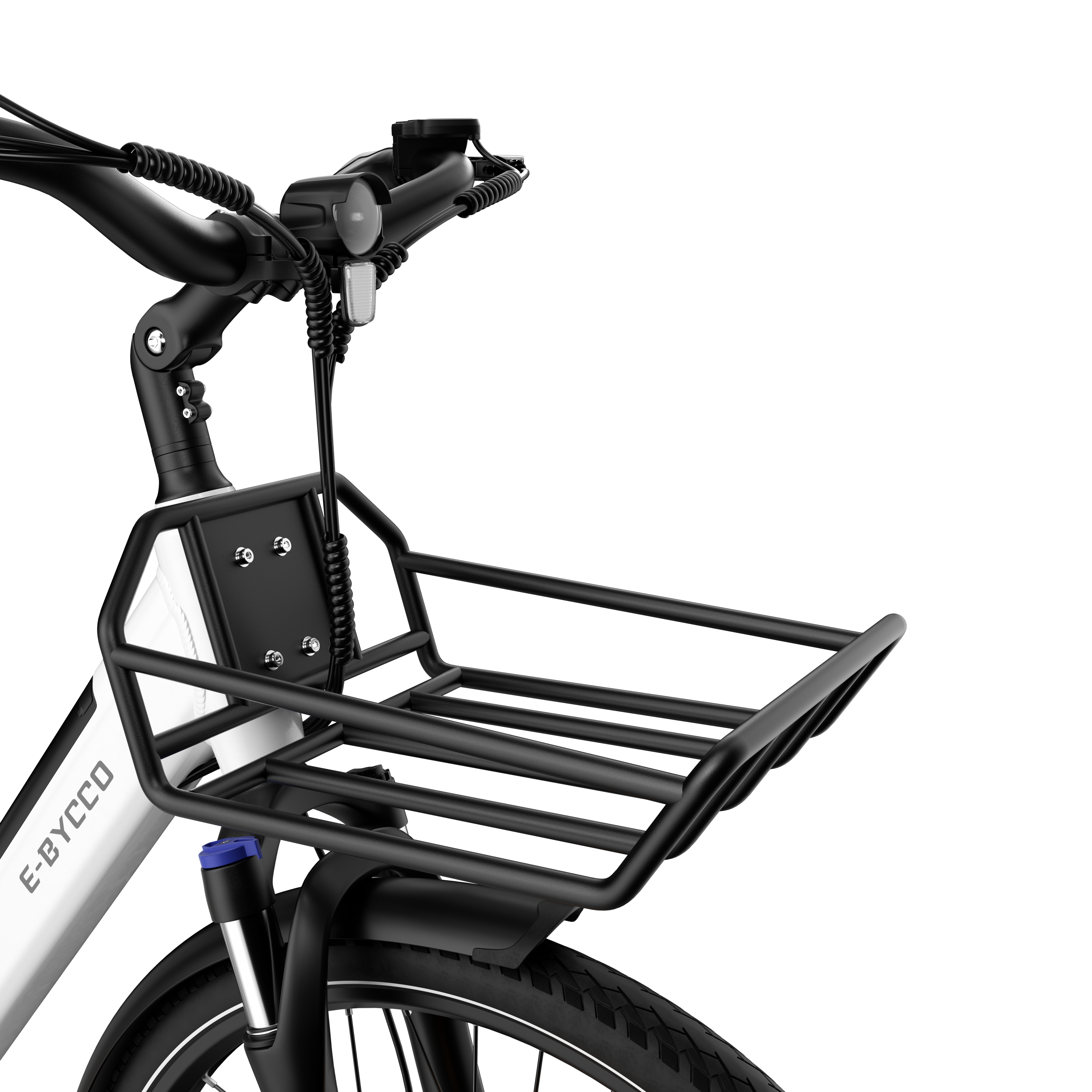 Widok z przodu białego roweru elektrycznego z czarnym bagażnikiem, kierownicą i czarnym tłem.