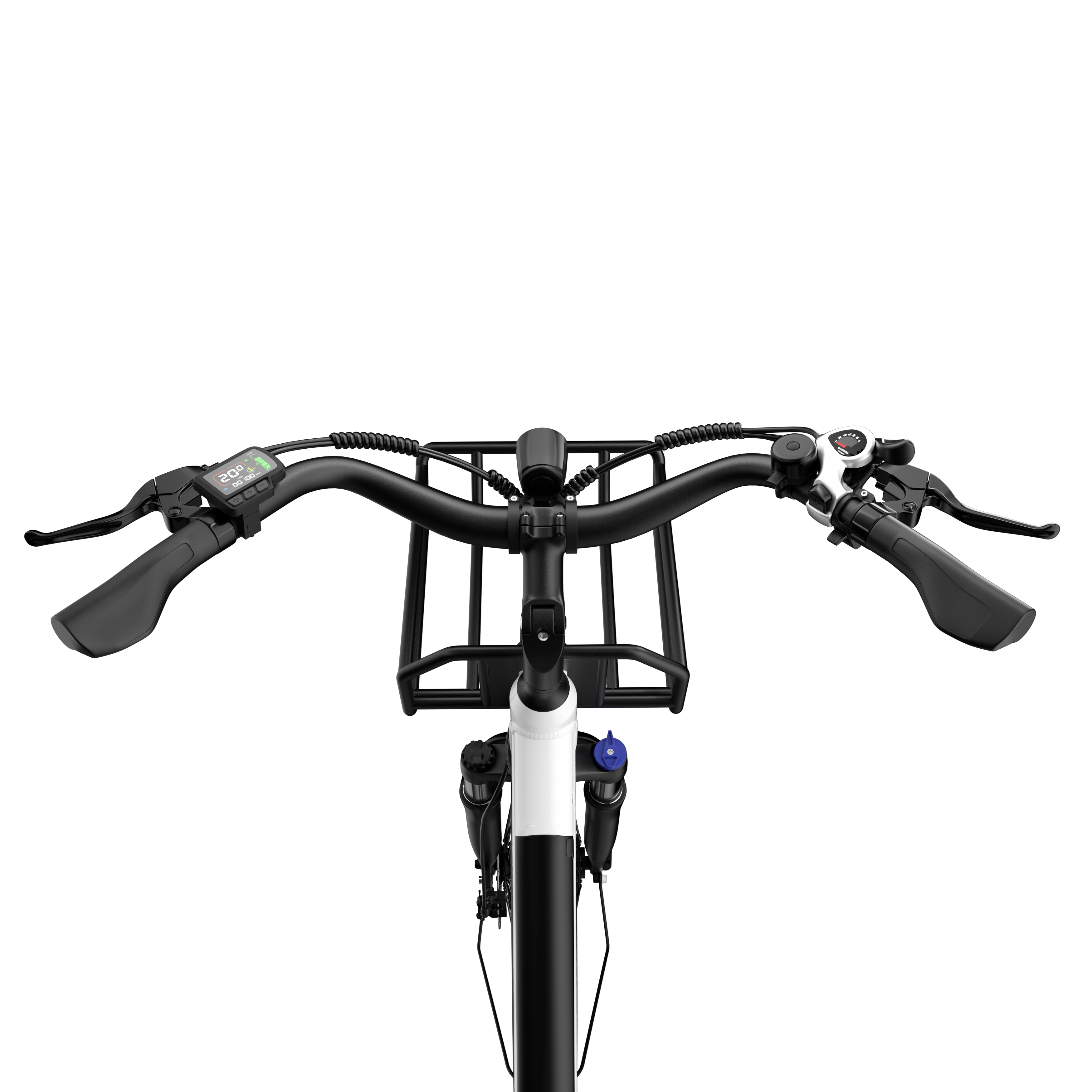 Widok kierownicy roweru z przodu, z wyświetlaczem, koszem i amortyzatorem.