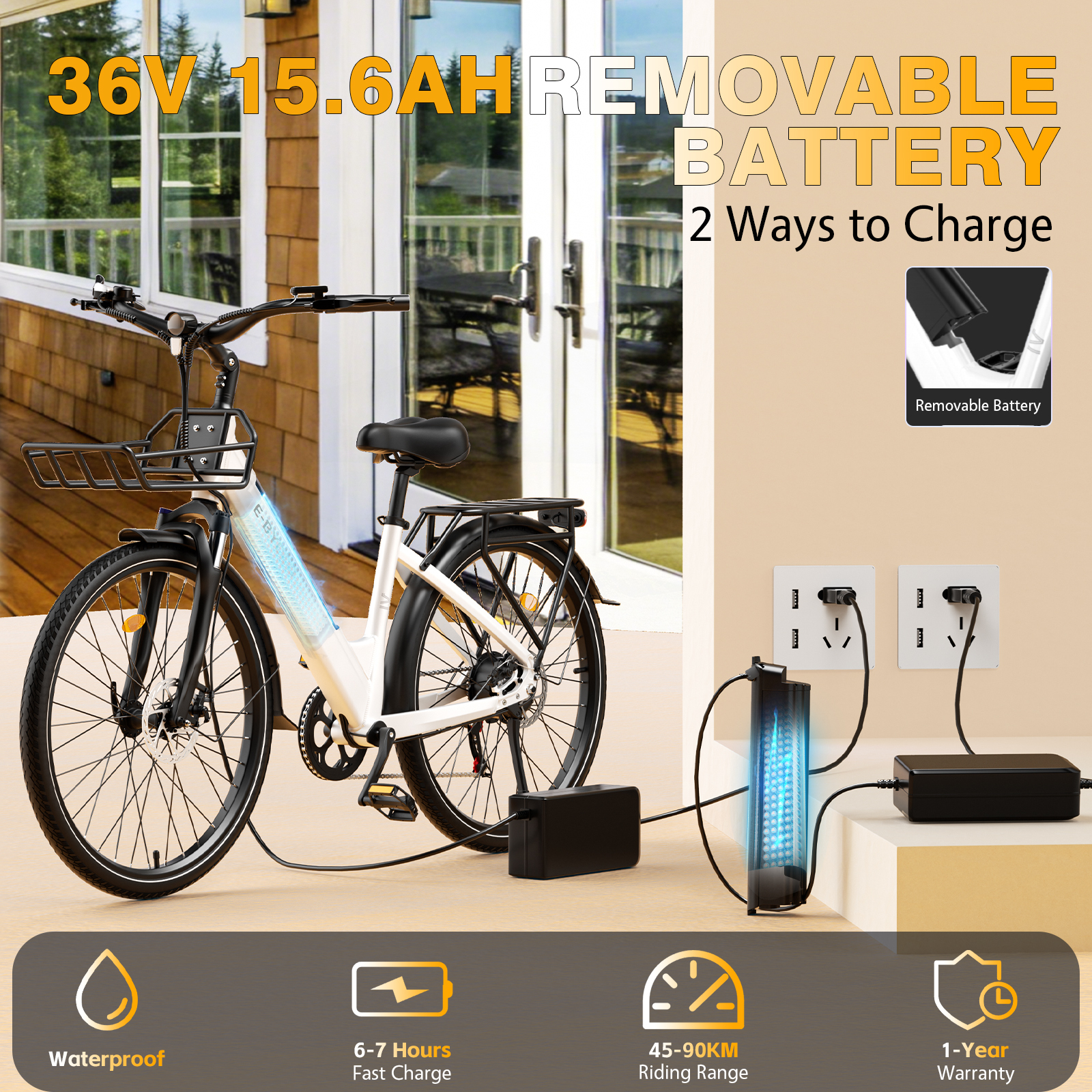 Biały rower elektryczny jest ładowany. Jeden akumulator jest podłączony do ściany, drugi ładuje się obok.