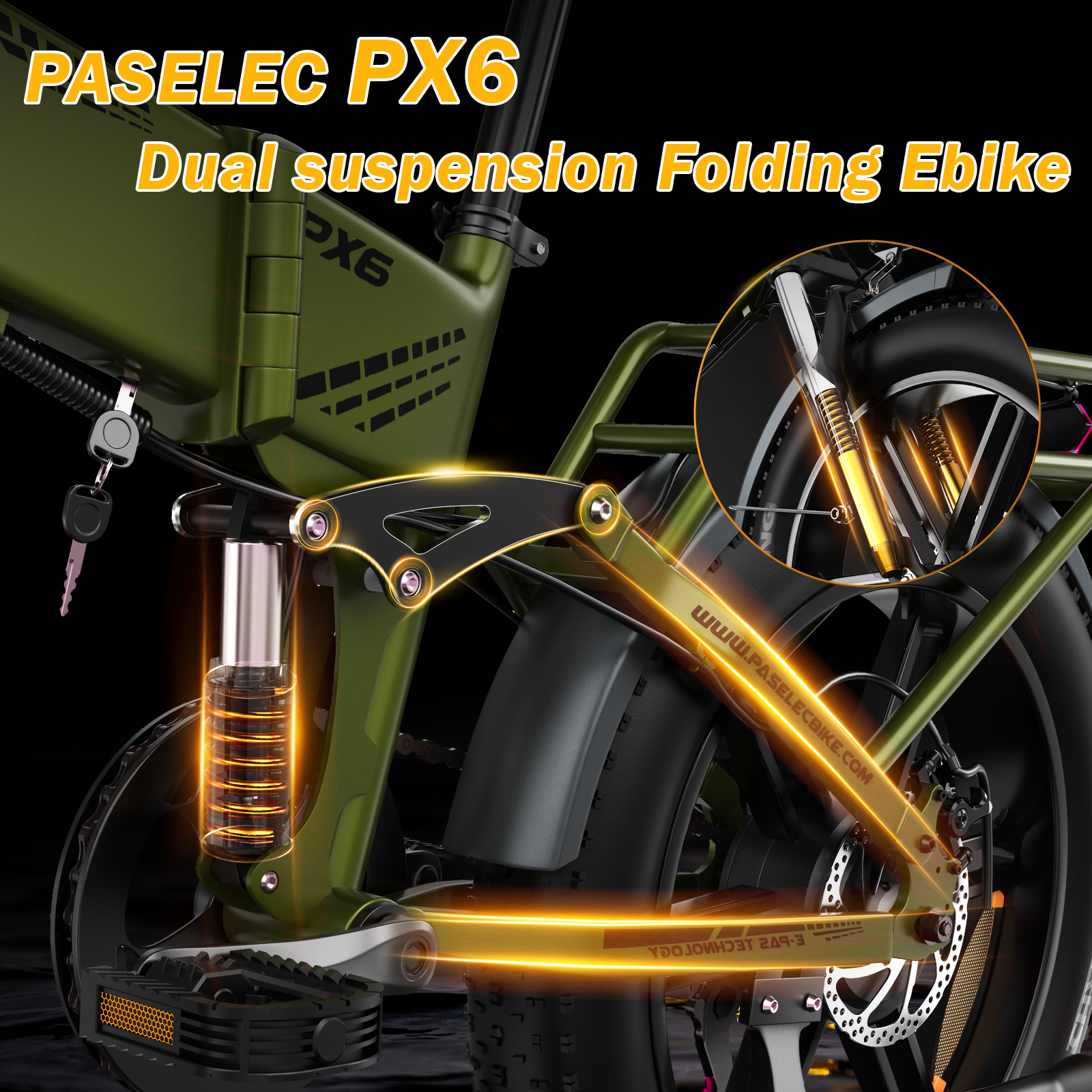 Zbliżenie zielonego składanego roweru elektrycznego z podwójnym zawieszeniem, podkreślonego świecącymi pomarańczowymi liniami na jego elementach.