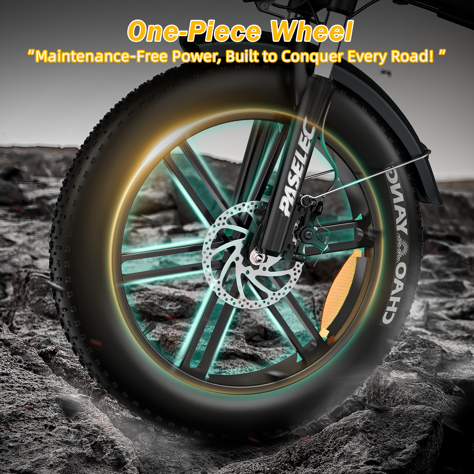 Zbliżenie koła roweru z hamulcem tarczowym i zielonymi akcentami.