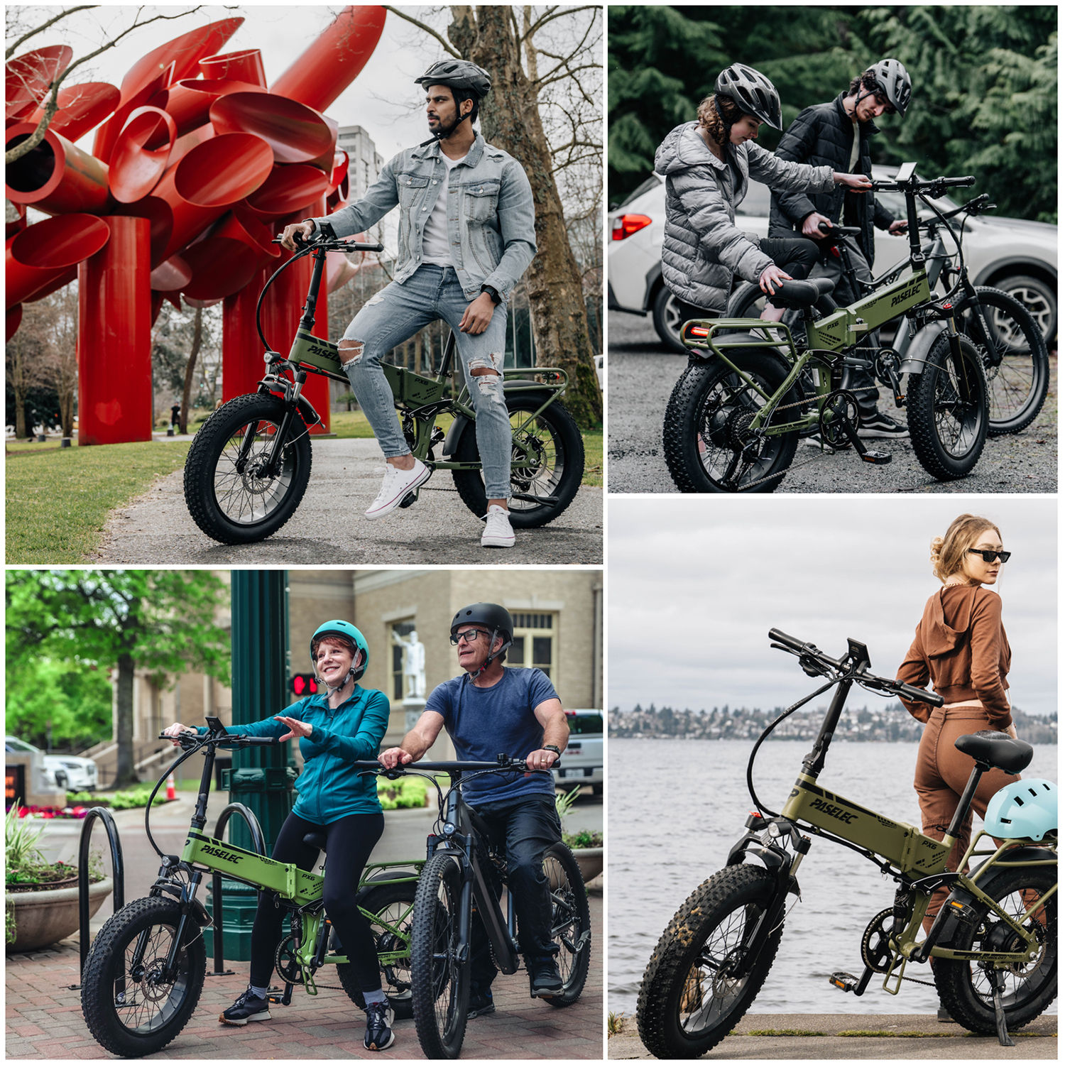 Kolaż czterech zdjęć przedstawiających ludzi z zielonymi rowerami elektrycznymi.
