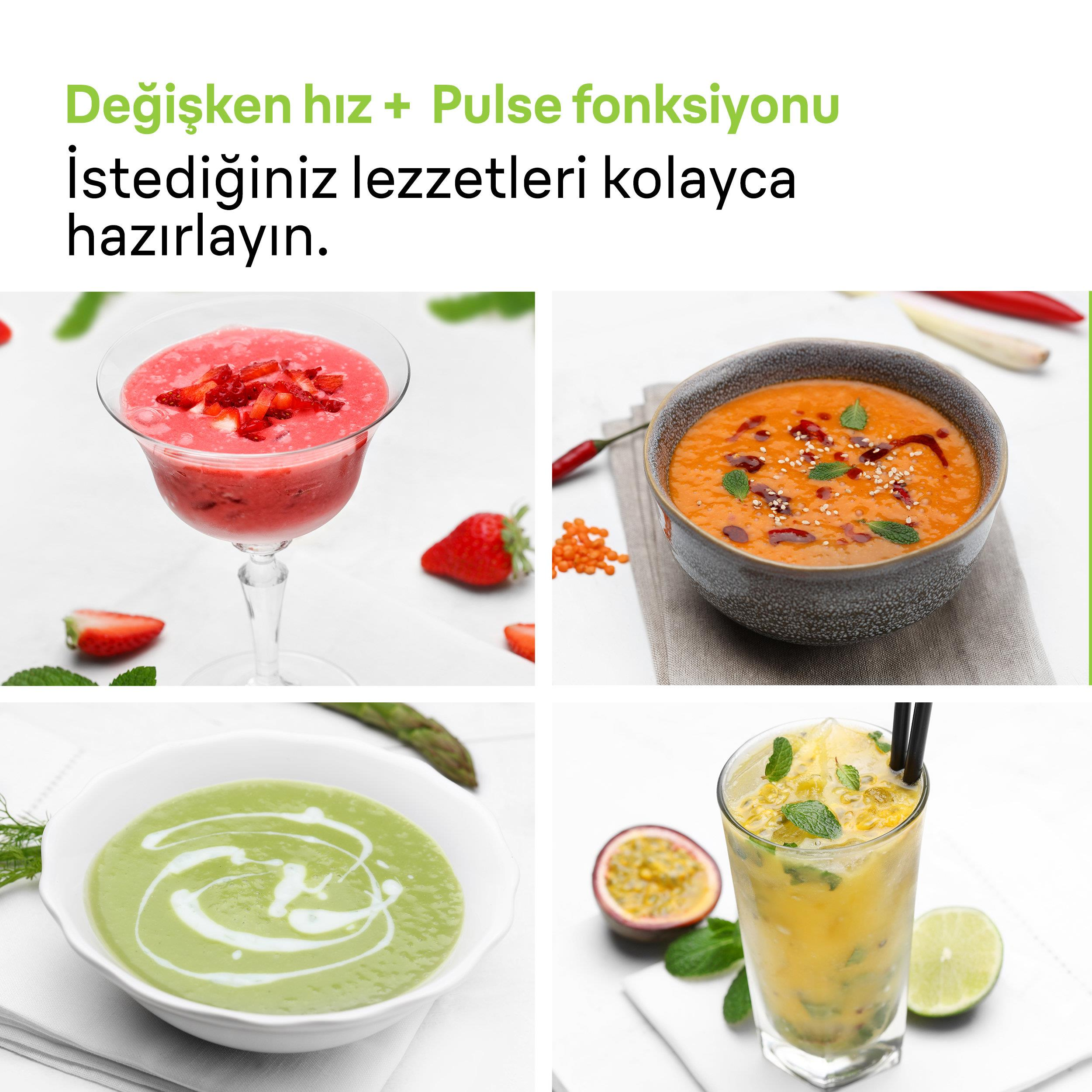 Dört yemek: çilekli smoothie, mercimek çorbası, yeşil çorba ve sarı içecek.