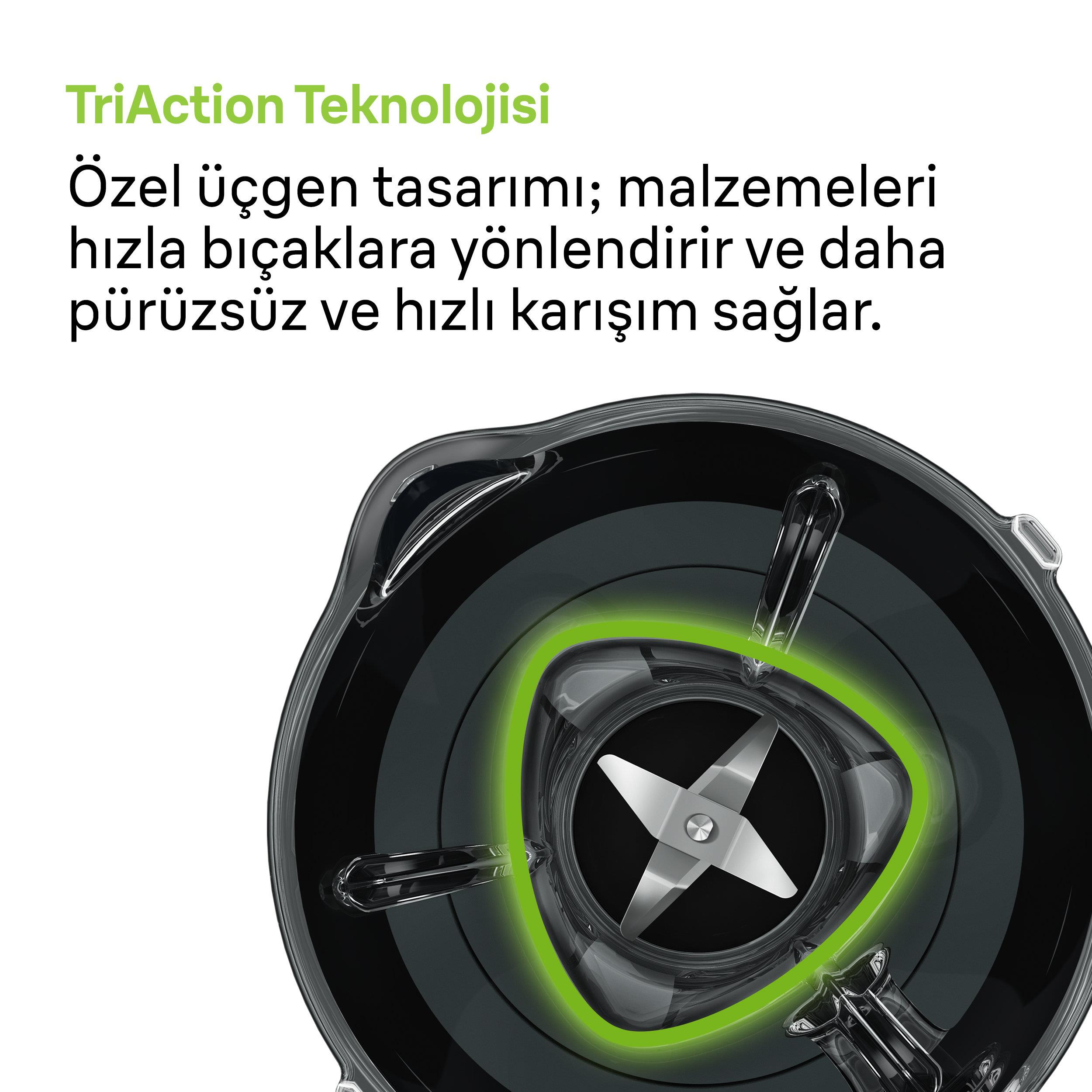 Yeşil ışıklı halka ile blender bıçağının yakın çekimi. TriAction Teknolojisi.