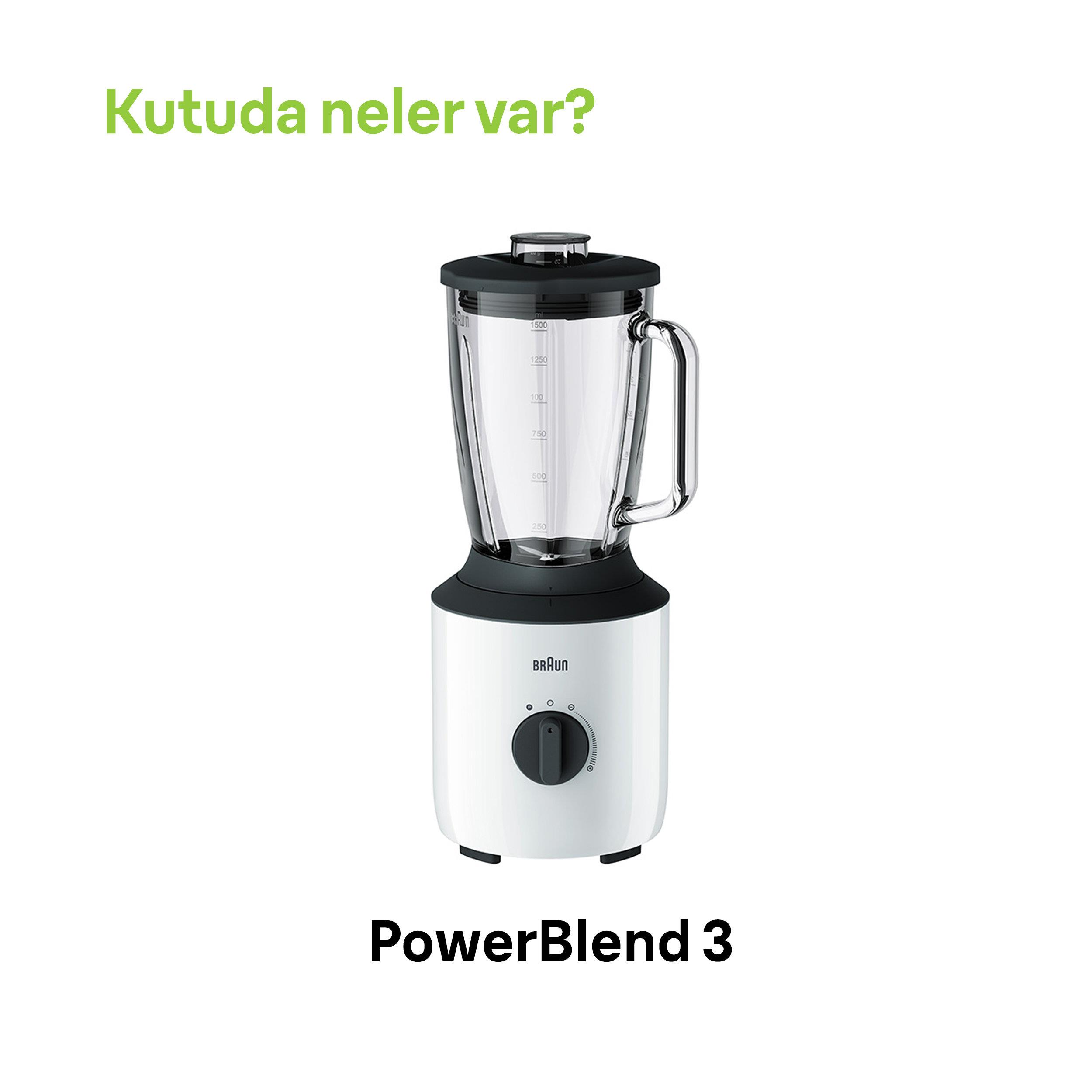 Cam hazne ve siyah kapaklı beyaz bir Braun PowerBlend 3 blender.