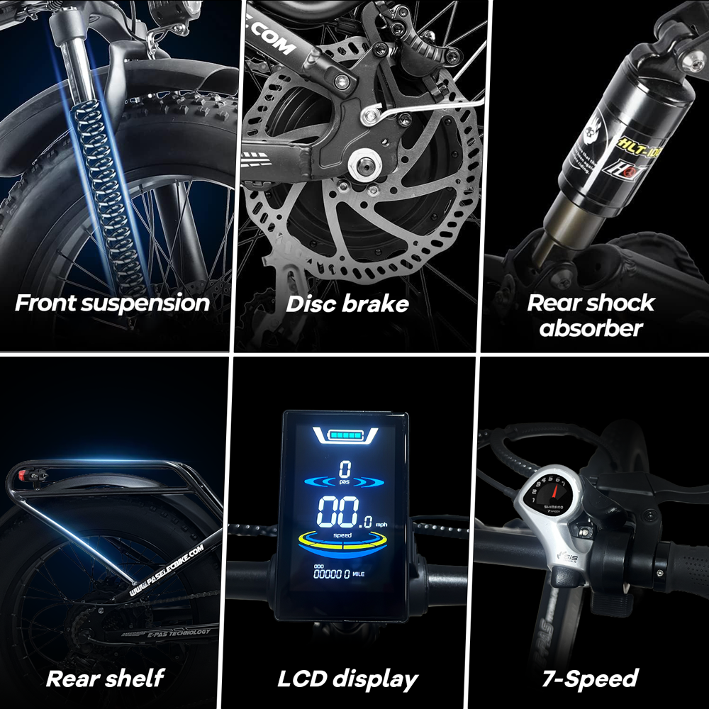 Szczegóły komponentów roweru elektrycznego: amortyzator, hamulec, amortyzator, bagażnik, LCD, shifter.