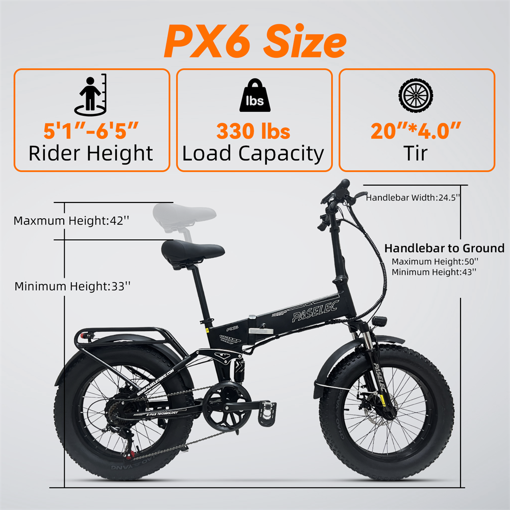 Specyfikacje roweru elektrycznego PX6: Wzrost 1,55-1,96m, Obciążenie 149kg, Opony 20"x4.0"