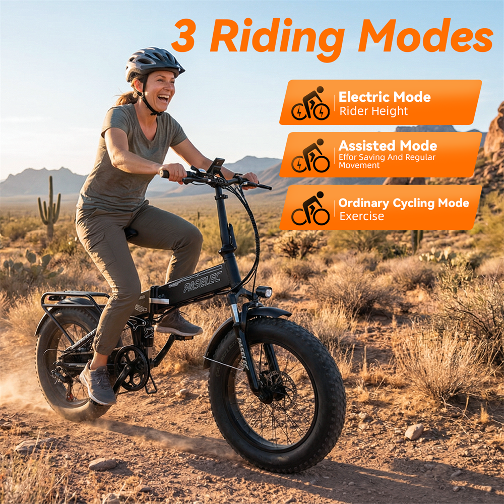 Kobieta jedzie rowerem elektrycznym po pustyni w 3 trybach: Elektrycznym, Wspomaganym, Normalnym.