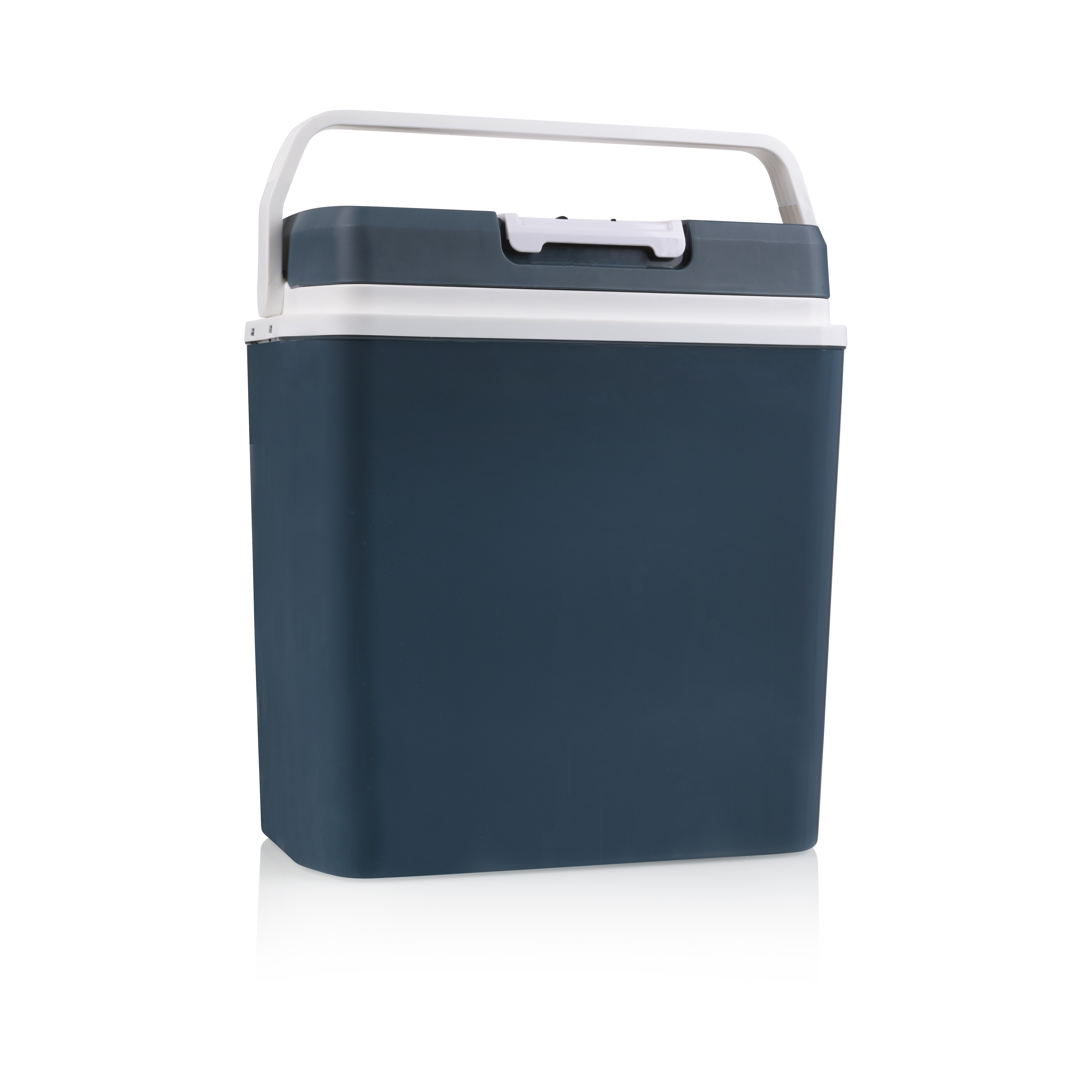 Ciemnoniebieska lodówka turystyczna z białym uchwytem.