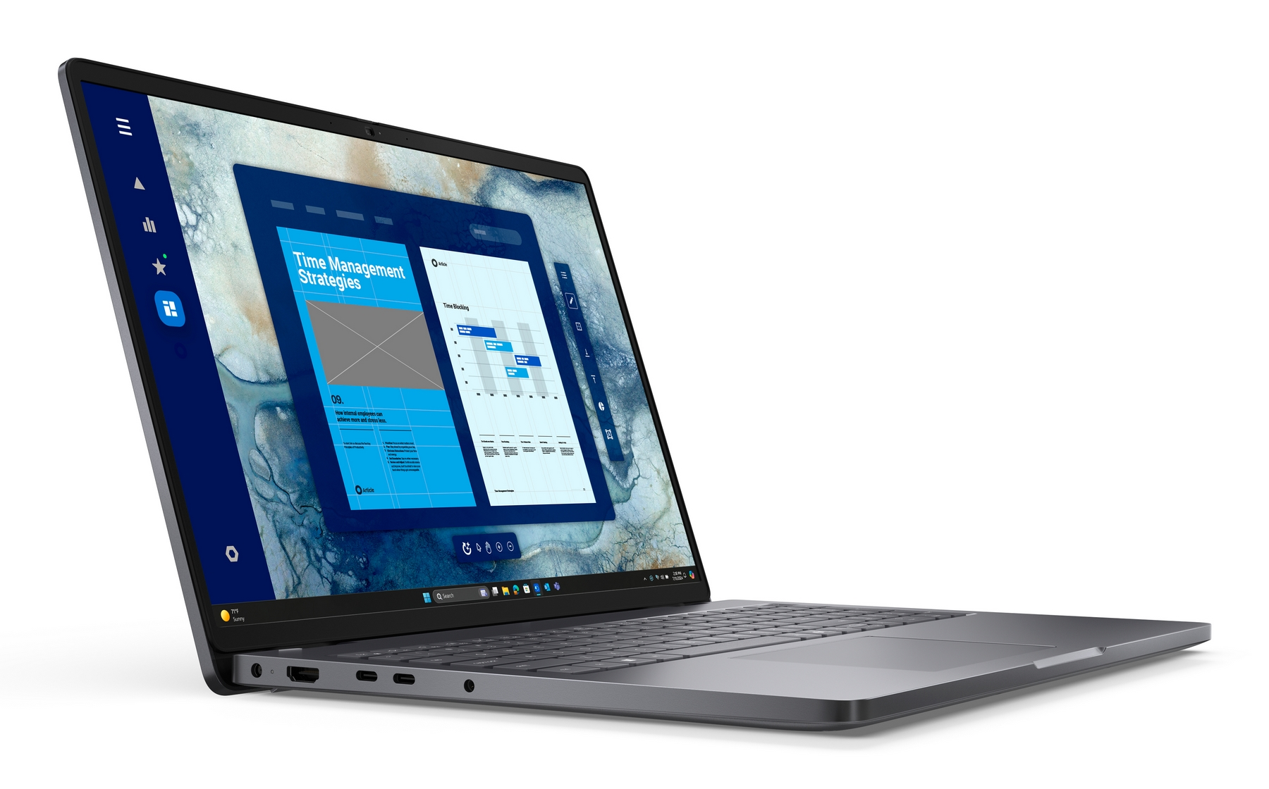 Un laptop aperto visualizza una presentazione sulle strategie di gestione del tempo.