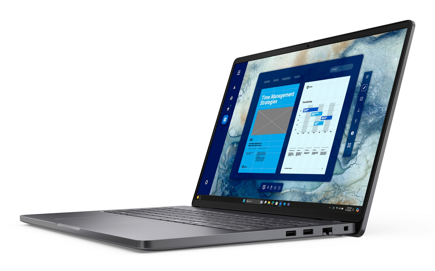 Un laptop che visualizza una presentazione su Strategie di gestione del tempo.