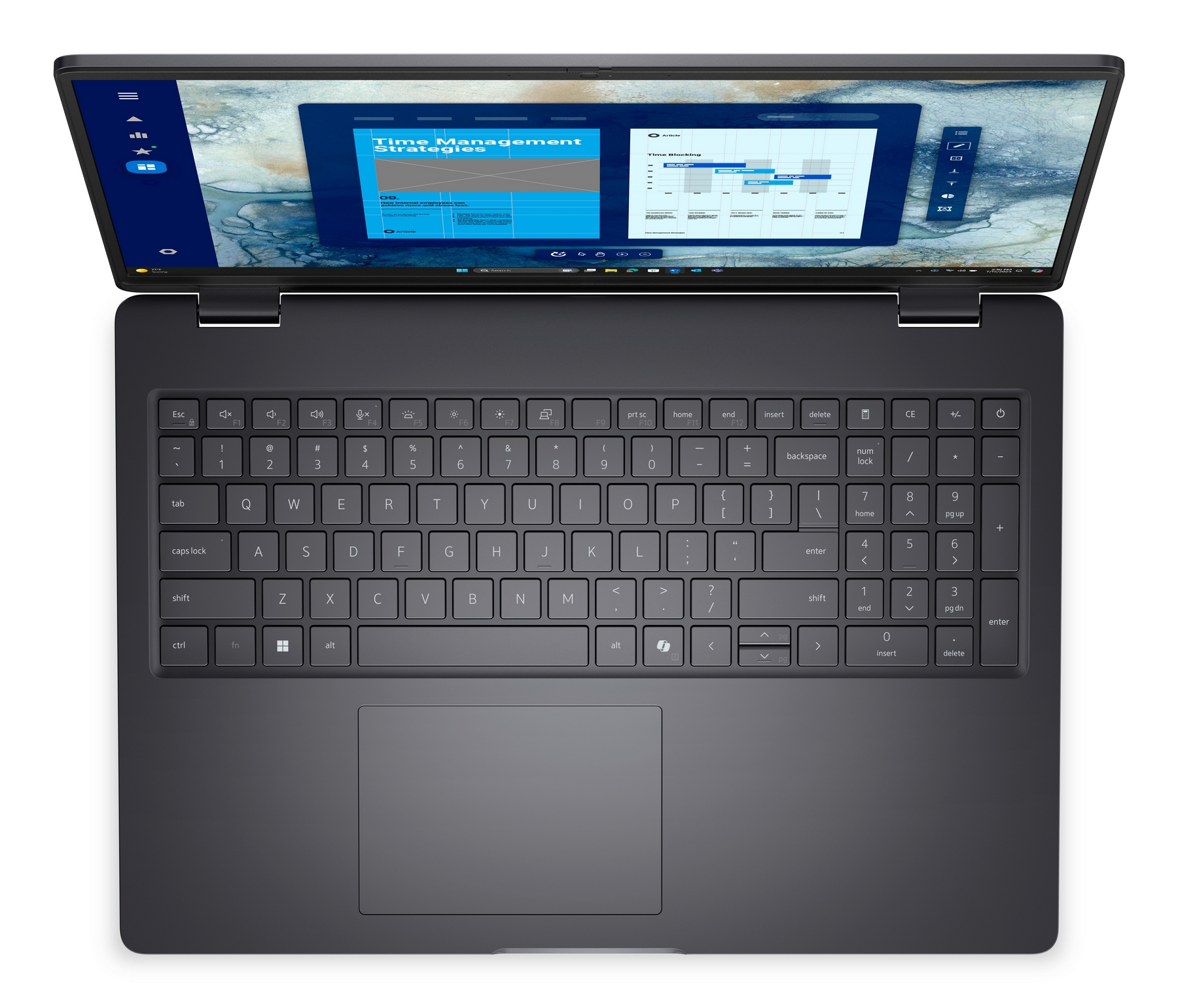 Un laptop aperto con scocca scura, che mostra presentazioni sullo schermo.