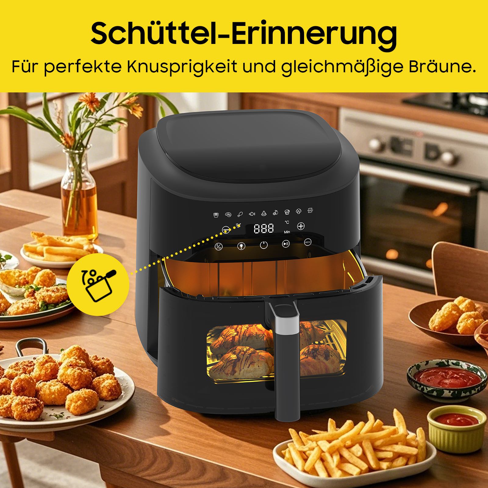 Schwarzer Airfryer auf einem Holztisch mit Essen und einer Vase.