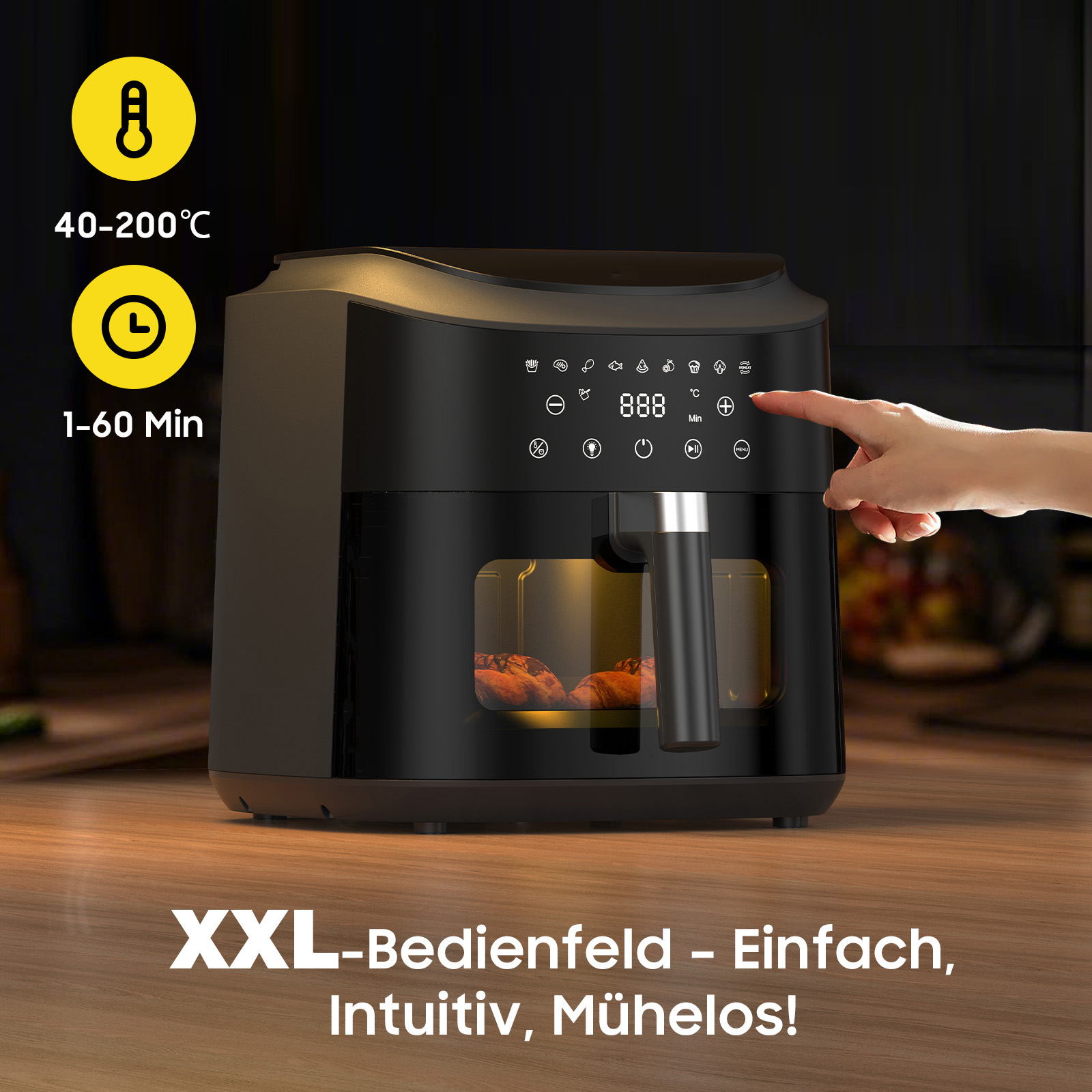 Schwarzer Heißluftfritteuse mit Digitalanzeige, zeigt 888. Temp 40-200C, Zeit 1-60 Min.