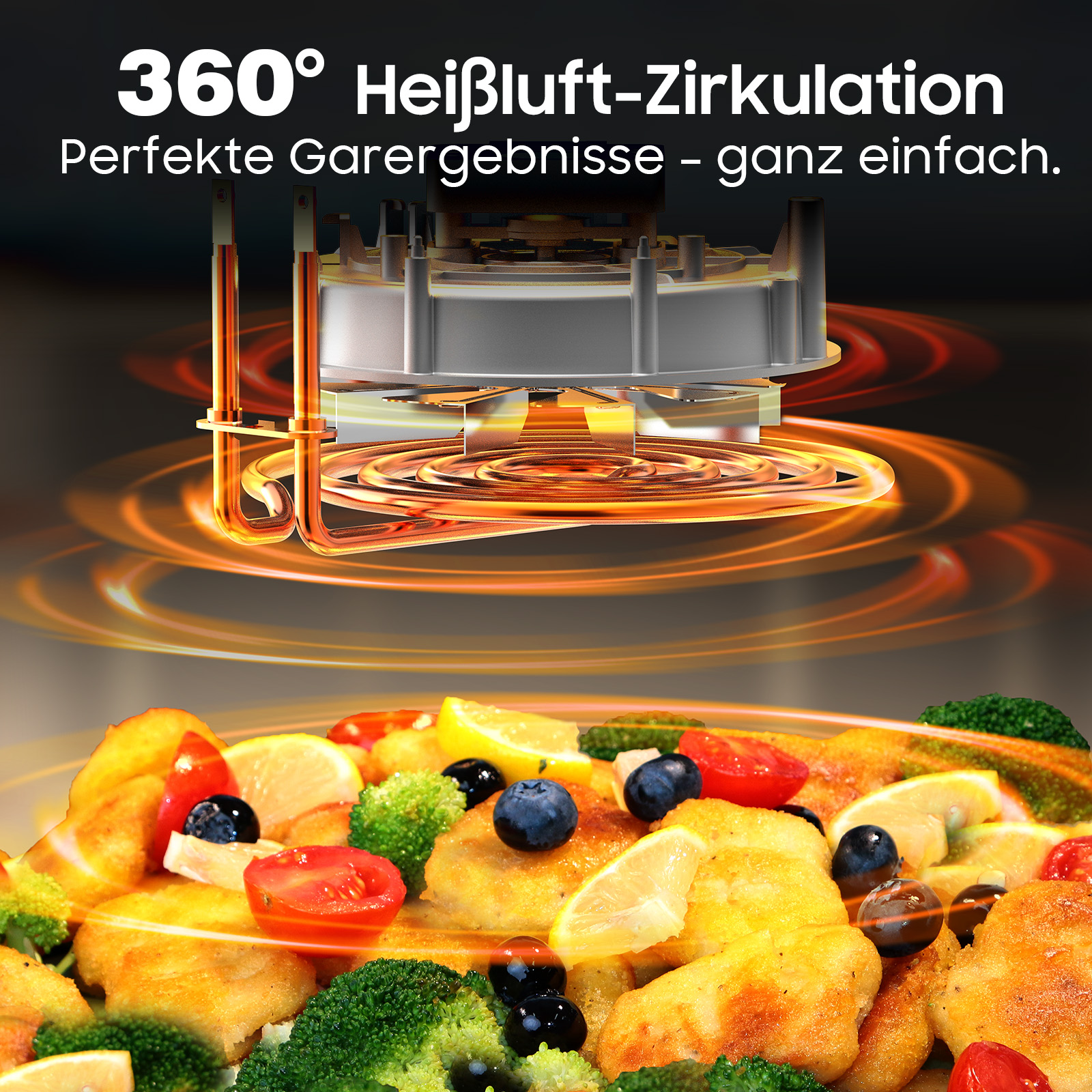 360° Heißluftzirkulation über Speisen mit Brokkoli, Blaubeeren, Tomaten und Zitrone.