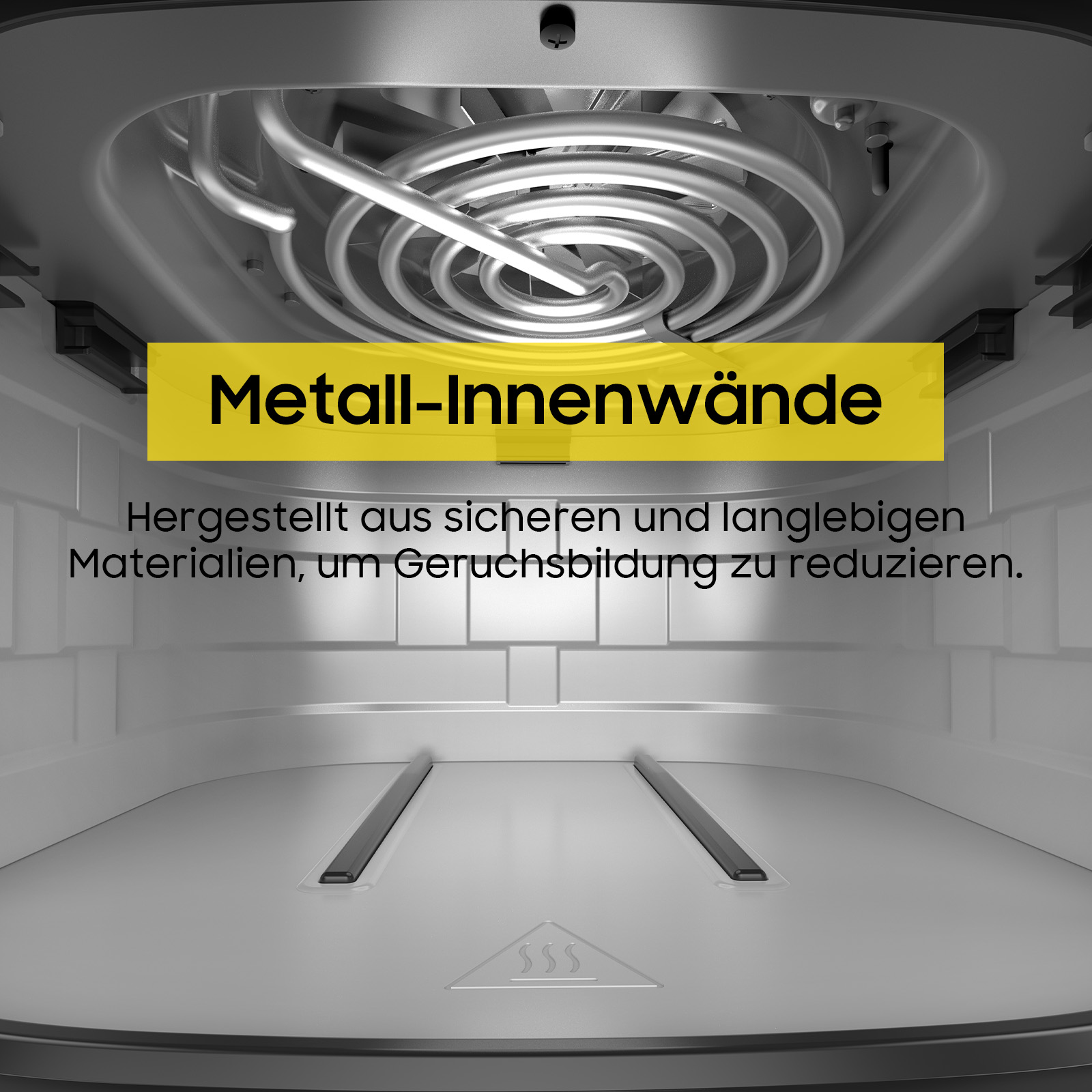 Innenraum eines Geräts mit Heizspirale und Metallwänden.