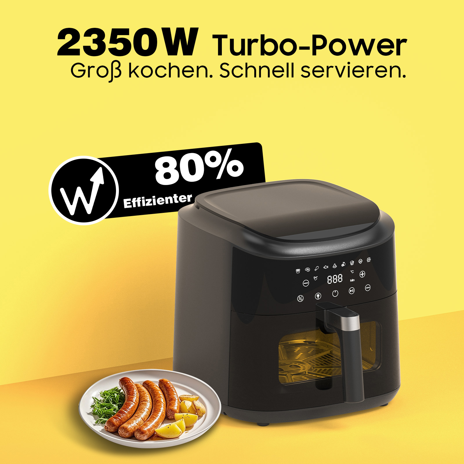 Schwarze Heißluftfritteuse mit Würstchen und Kartoffeln, 2350W, 80% effizienter.