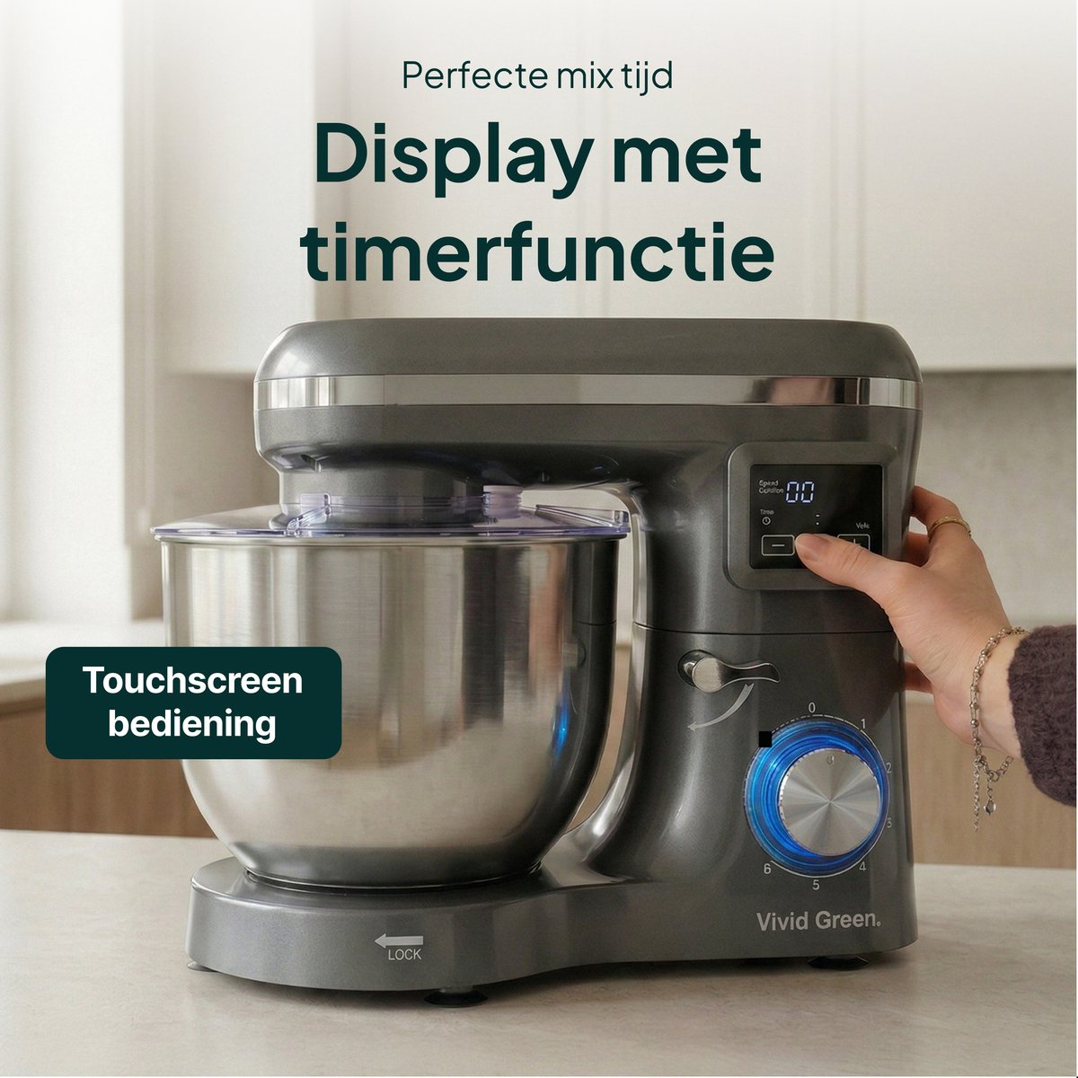 Gray stand mixer with stainless steel bowl and digital timer display.