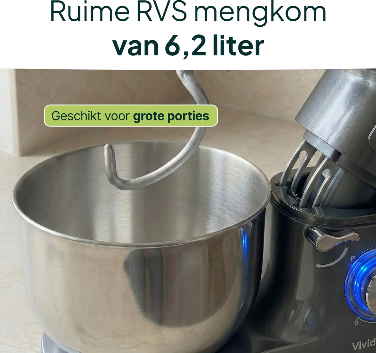 Grey kitchen mixer with large stainless steel bowl and dough hook.