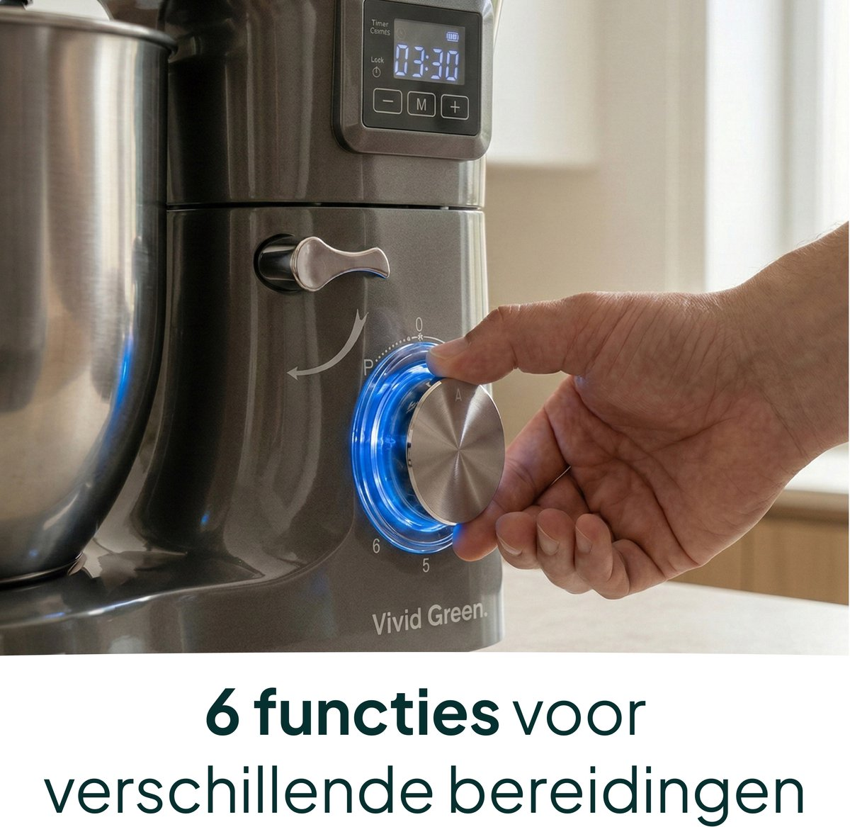 A hand turns a lit dial on a kitchen mixer with a timer display.