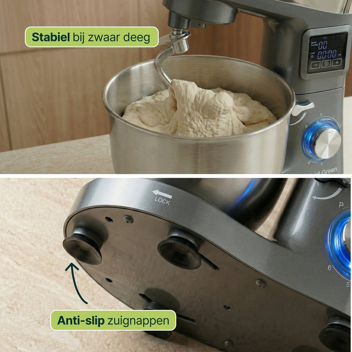Stand mixer with dough hook and digital display. Suction cups on base.